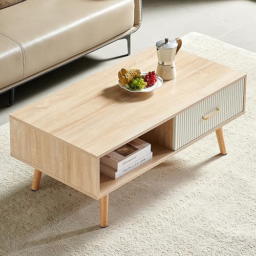 Miniatura 38 de Mesa de centro de madera de 41.3 pulgadas con almacenamiento, mesa de sofá central rectangular moderna con panel de puerta deslizante de ratán de