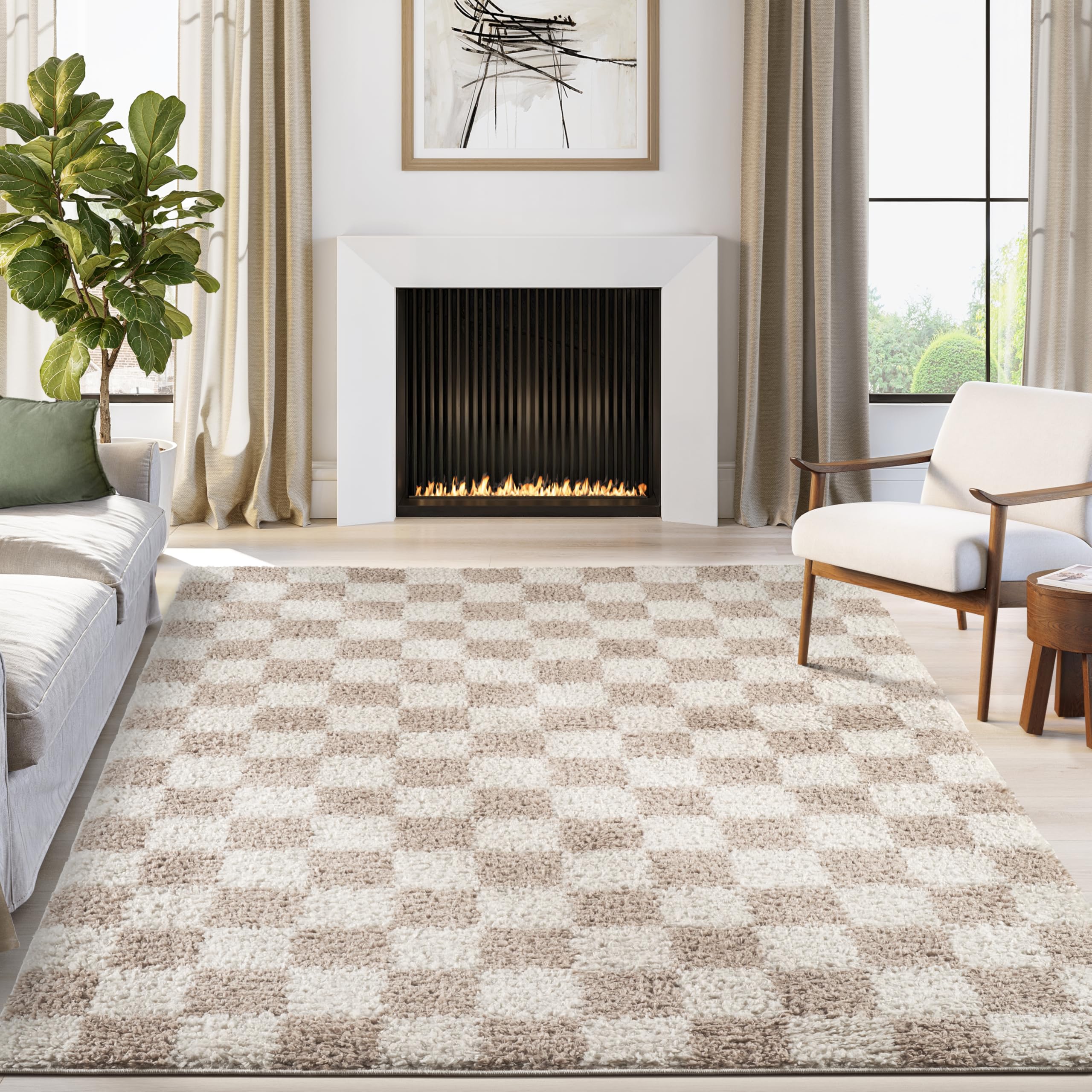 Abani Lisbon Collection Beige Area Rug, 5' x 8' – Geometric Design, Non-Shedding, Easy to Clean, Durable for Living Rooms, Bedrooms & Offices, Pet &