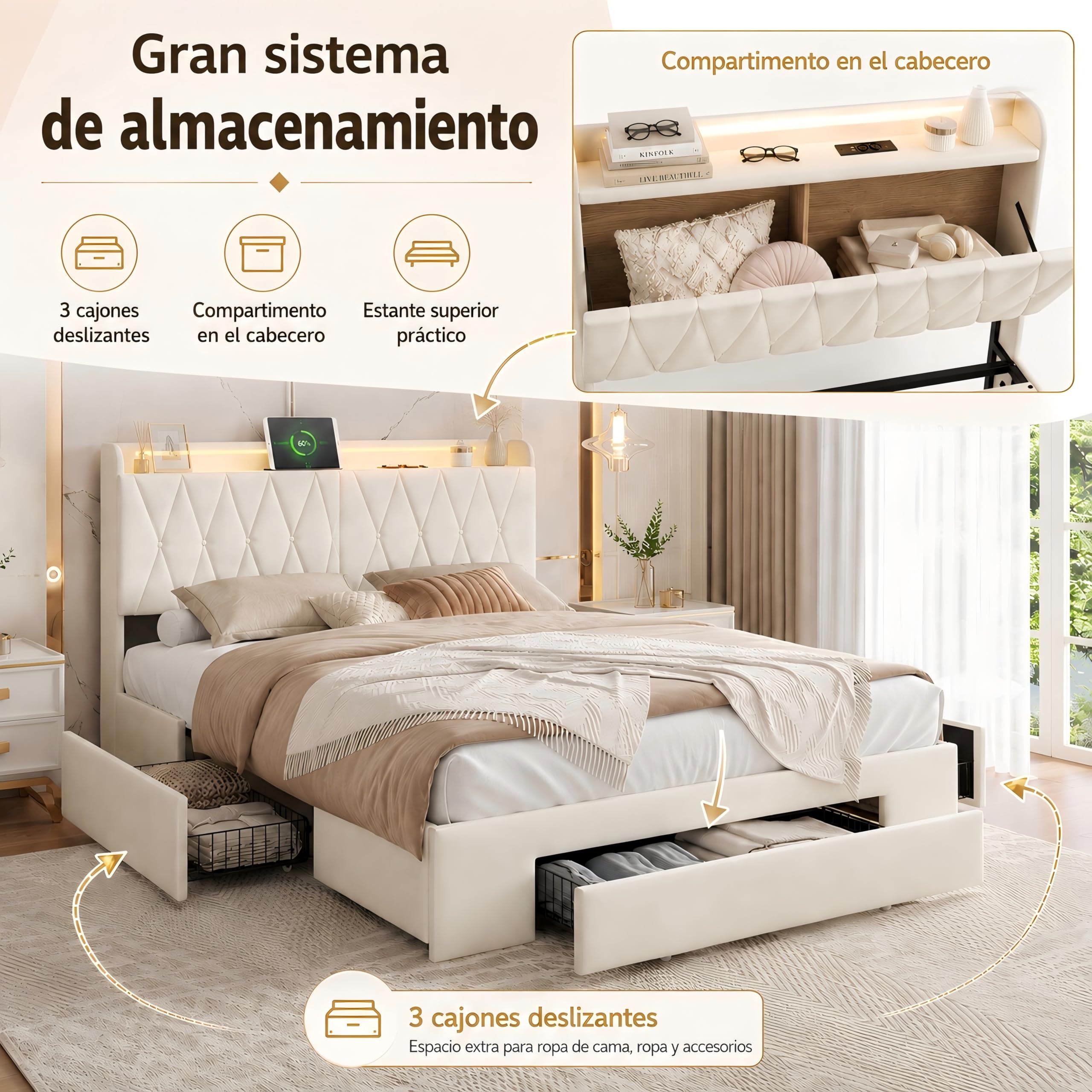 MOTUZP Cama doble tapizada de 140 x 200 cm, cama funcional con luz LED y conexión USB, cajón de cama con cajones, cama juvenil, somier (B-Bbeige+terciopelo, 140 x 200 cm)