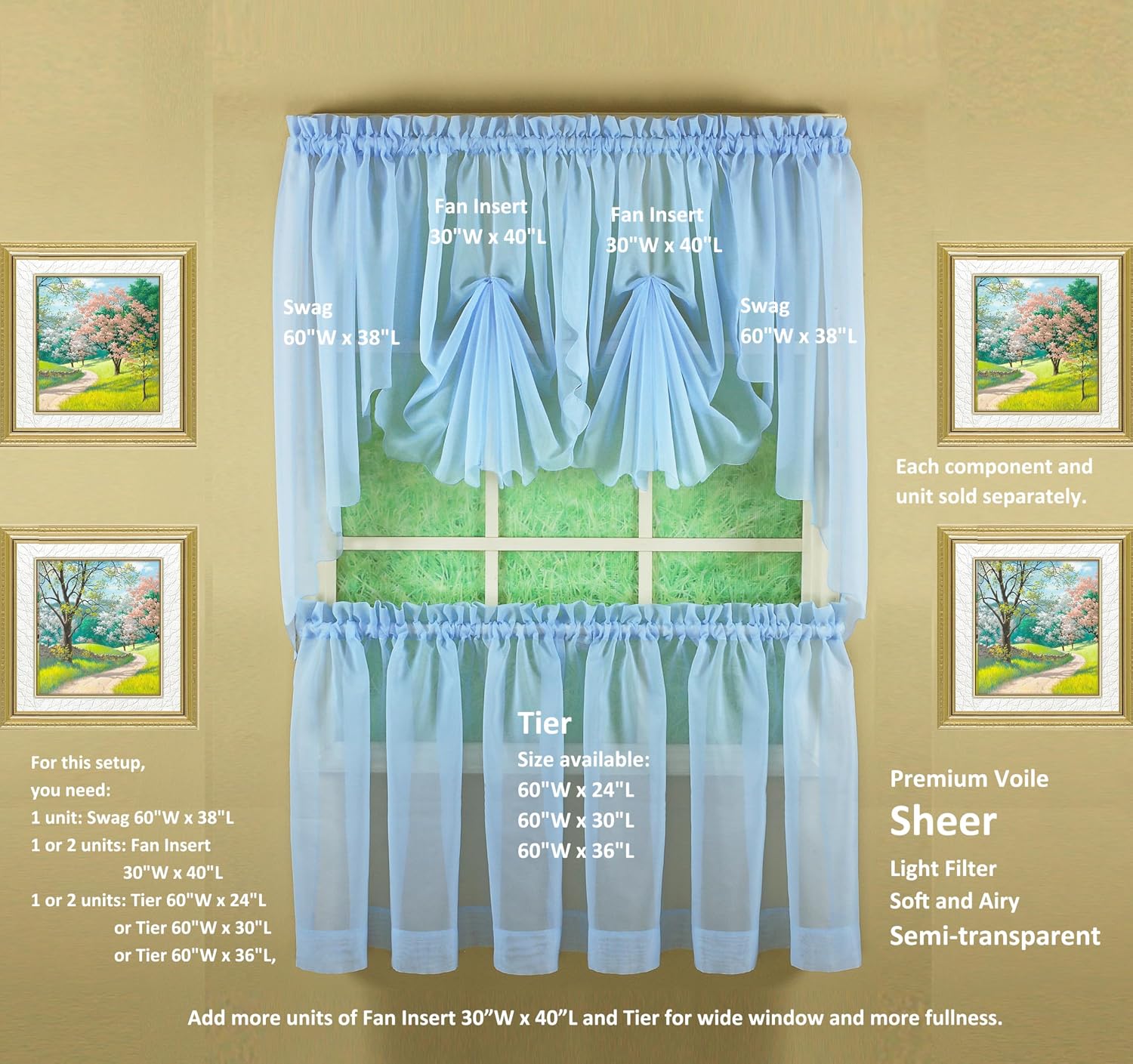 Today's Curtain Emelia Original Voile Tier Pair 36", Sky Blue, 60" W x 36" L