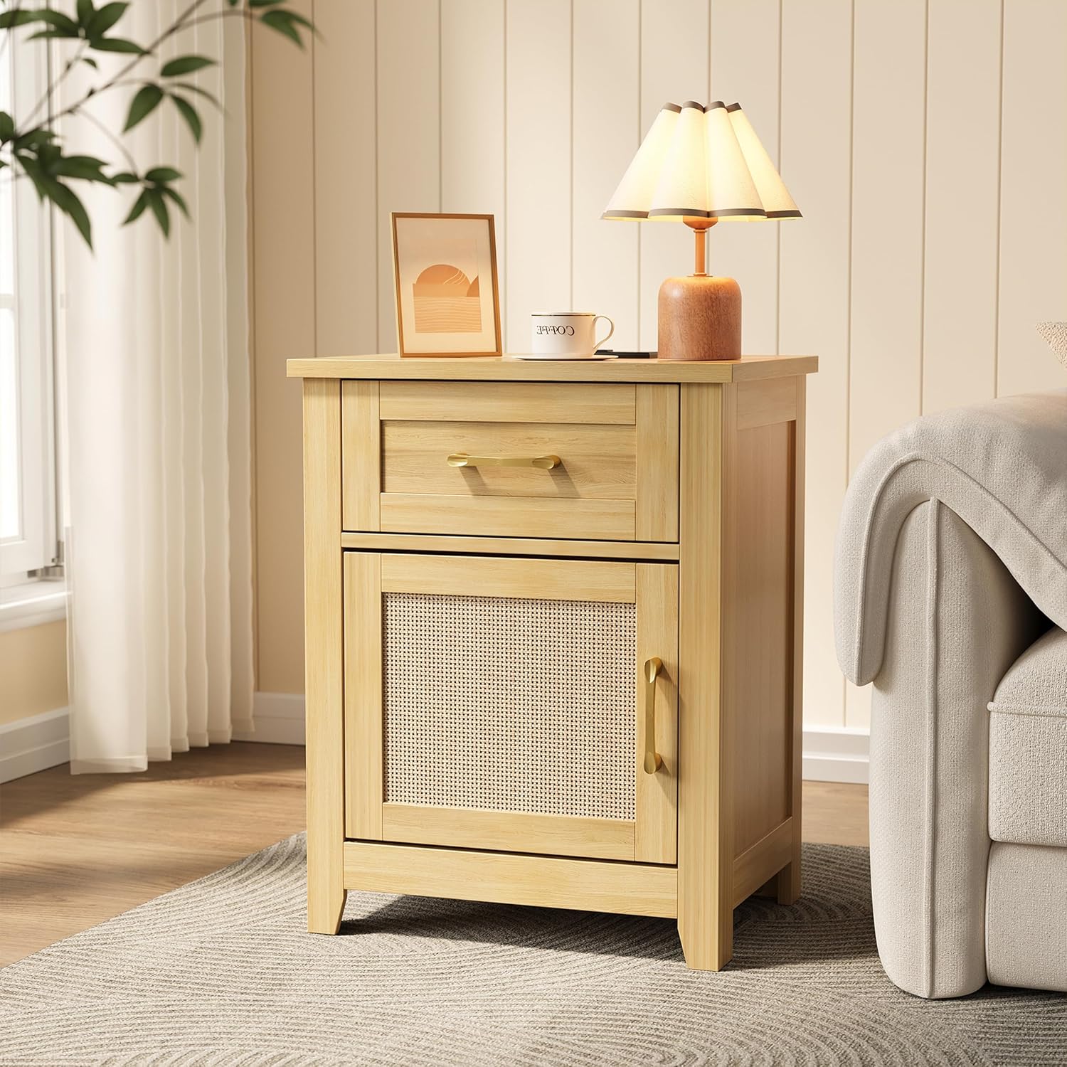 Rattan Nightstand with Charging Station, Modern End Tables with Storage and One Drawers, Outlets, USB Ports and Type-C Ports, Wood Nightstands for Bedroom, Dorm and Small Spaces Oak