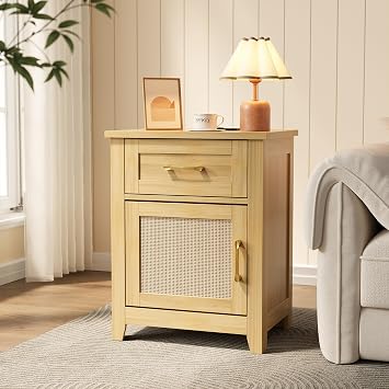 Decofy Rattan Nightstand with Charging Station, Modern End Tables with Storage and One Drawers, Outlets, USB Ports and Type-C Ports, Wood Nightstands for Bedroom, Dorm and Small Spaces Oak