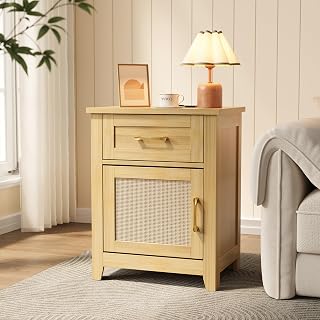 Decofy Rattan Nightstand with Charging Station, Modern End Tables with Storage and One Drawers, Outlets, USB Ports and Type-C Ports, Wood Nightstands for Bedroom, Dorm and Small Spaces Oak