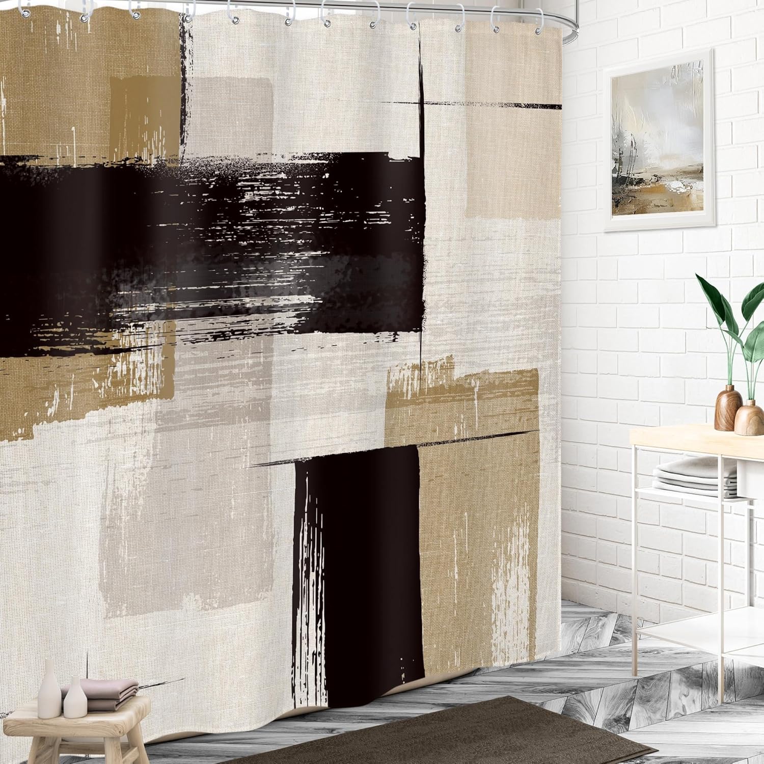 Black Tan Abstract Modern Shower Curtain 35x72in（89x183cm） Minimalist Oil Painting Contemporary Brushstroke Art Color Block Patchwork Fabric Bathroom Curtain for Shower Stall Bathtubs