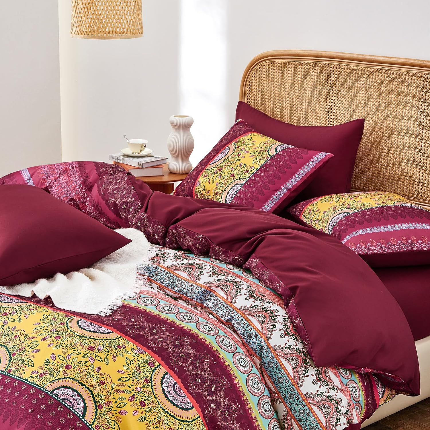 Wake In Cloud - Boho Comforter Set, Bohemian Chic Colorful Medallion with Geometric Botanical Flowers and Horizontal Stripes, Soft Lightweight Bedding, 3 Pieces, Burgundy, Full Size