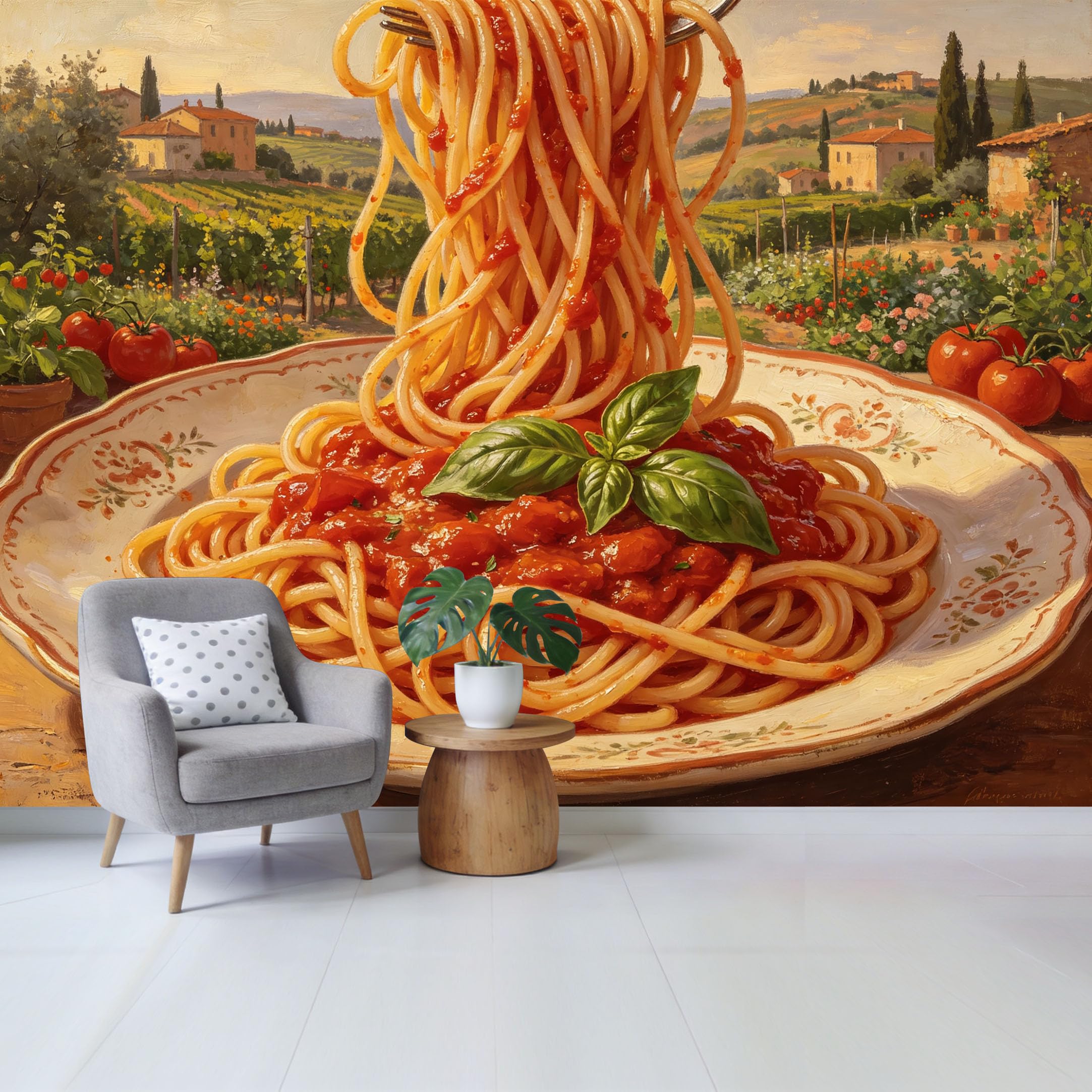 Qzlithotic Yq2605250340 Custom Size Wall Mural Italian Spaghetti Pasta Tomato Sauce Tuscan Vineyard Oil Painting Selfadhesive Wall Fabric Removable Wallpaper For Home Office Decor