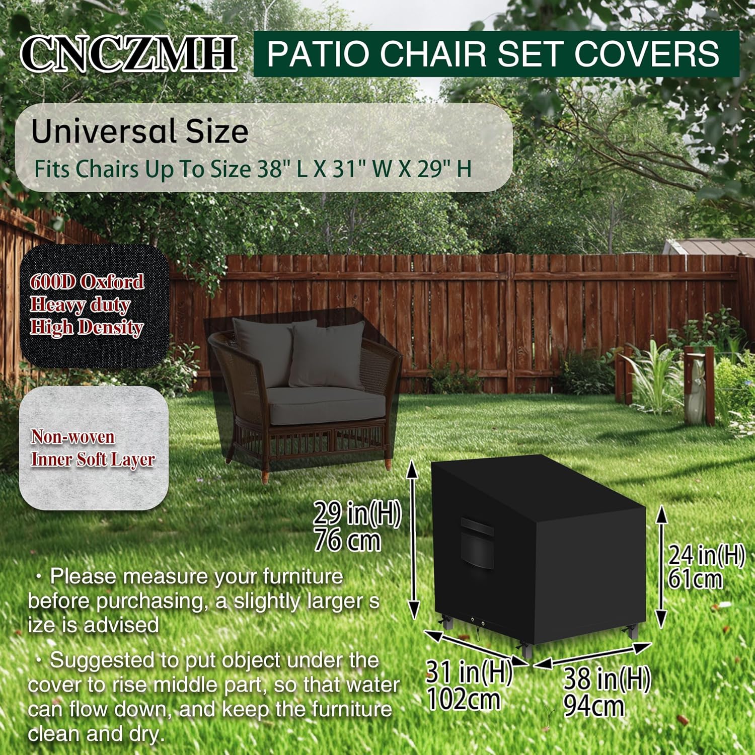 Heavy Duty Patio Chair Covers Waterproof Outdoor, 2 Pack 600D Patio Furniture Covers for Outdoor Rocking Swivel Adirondack Chairs, Lounge Deep Seat 38'' W x 31''D x 24''H/ 29''H Black