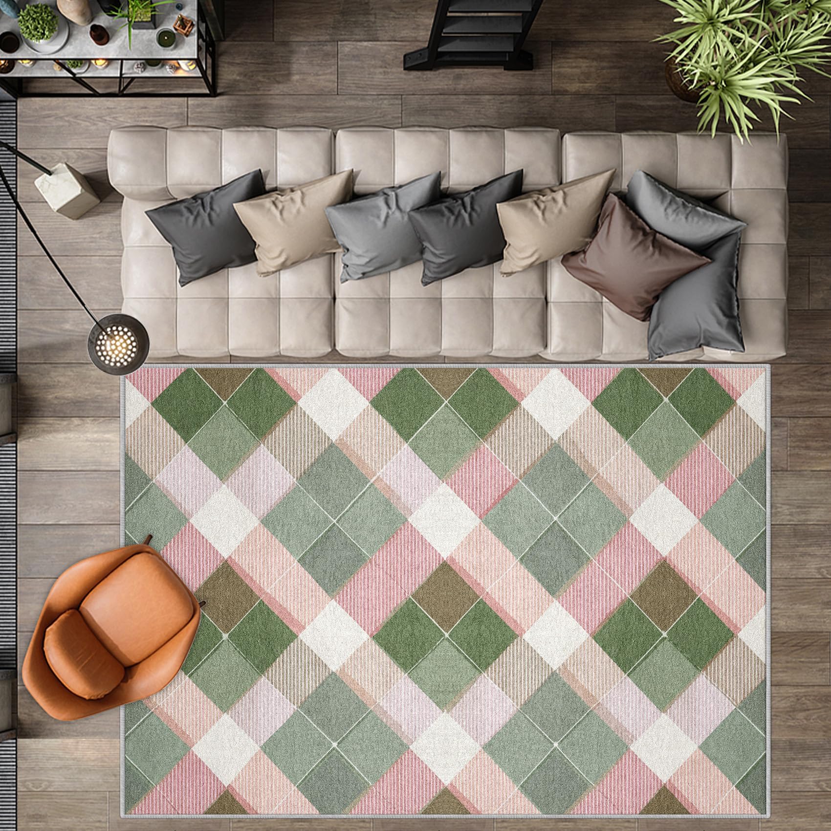 Tapis lavable rose et vert 80x150 cm antidérapant pour chambre à coucher