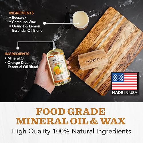 Miniatura 3 de CLARK'S Kit de aceite y cera para tabla de cortar, aceite mineral natural de grado alimenticio, juego de 2 pasos para restaurar y preservar tus