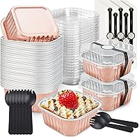 Vista 11 de 50 piezas de mini moldes cuadrados para hornear con tapas y cucharas, moldes mini de papel de aluminio para pasteles con tapas, ramekins