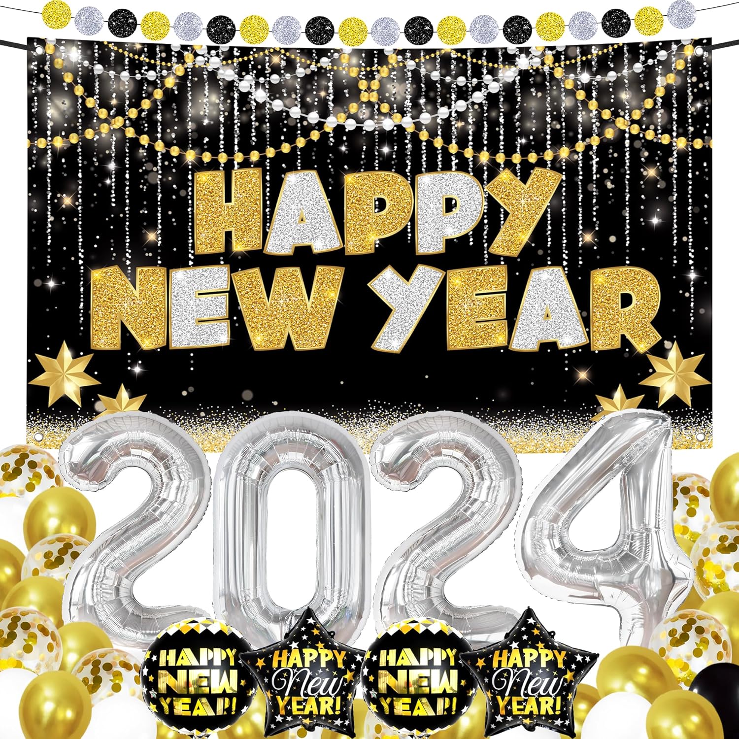KatchOn, New Years Eve Party Supplies 2024 - Huge Set of 42 | Silver and Gold Happy New Year Banner, 2024 Balloon Numbers, New Year Foil Balloons | NYE Decorations 2024, New Years Decorations 2024