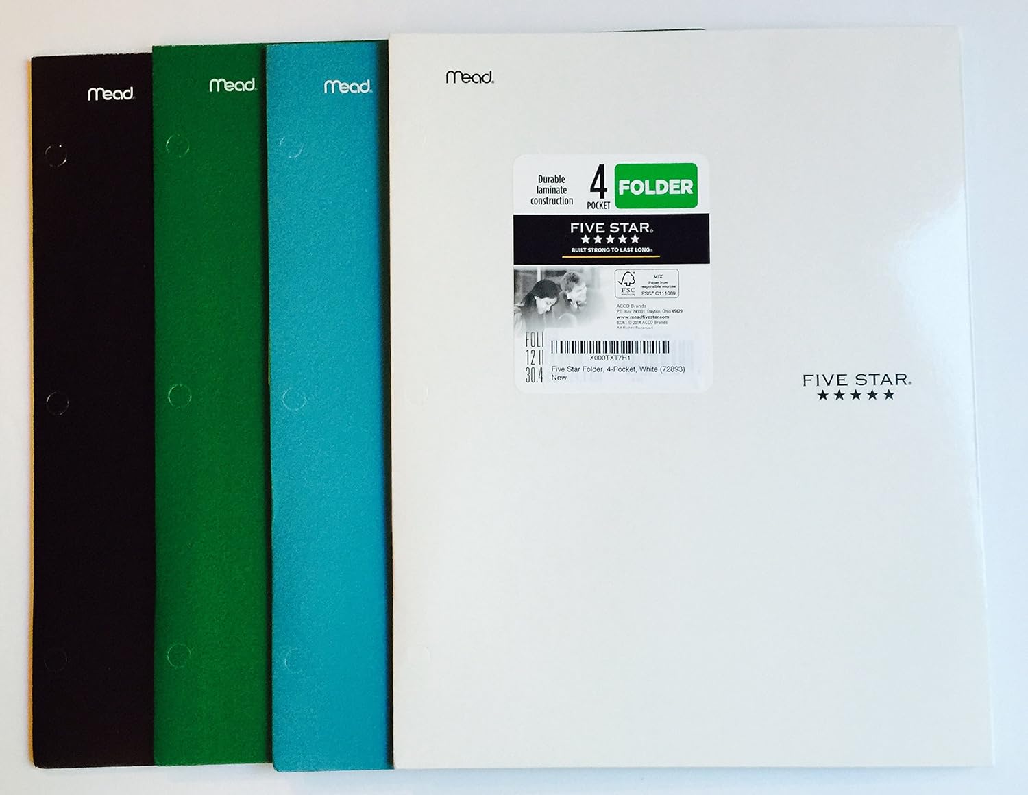 Five Star Folder 4-Pocket Folder 4 Pack (Black, Green, White & Teal) Bundle