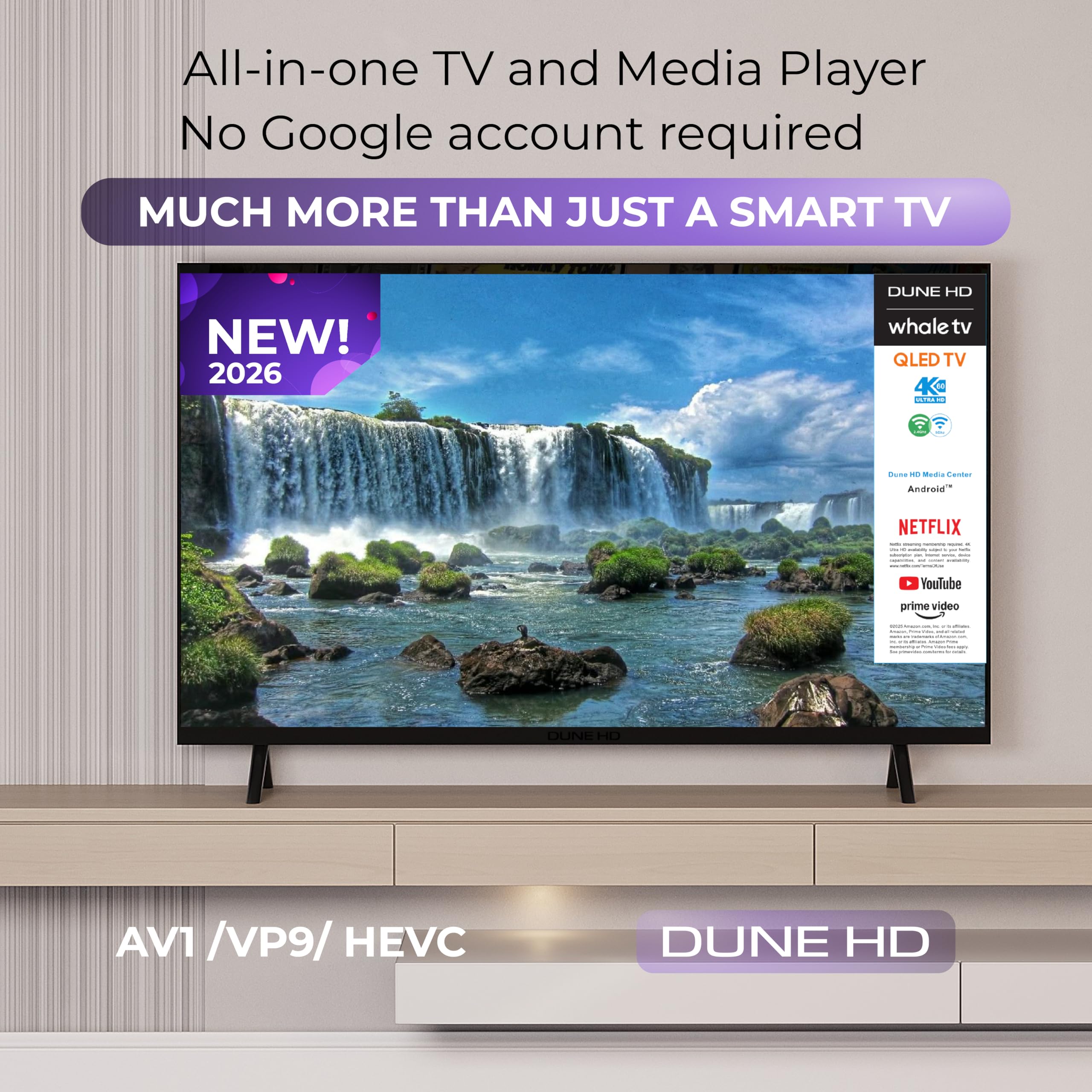 Dune HD Smart TV 55" (2026), QLED 4K UHD Quantum Dots, HDR10 HLG, Whale OS Android, 2+16, Trois Tuners DVB-T/T2/S/S2/C + TV analogique, Contrôle Vocal, AirPlay, Miracast (55, Pouces)