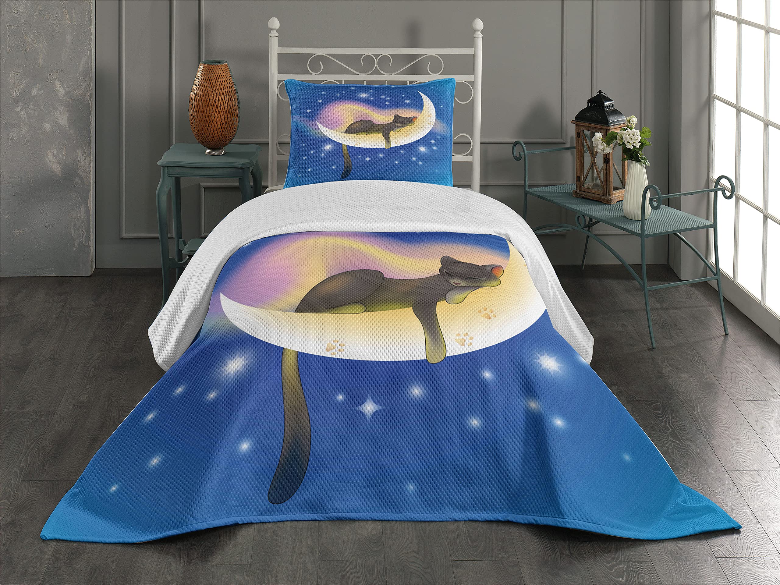 Ambesonne Cat Coverlet, Cat Sleeping on Crescent Moon Stars Night Dreams Themed Design, 3 Piece Decorative Quilted Bedspread Set with 2 Pillow Shams, Twin Size, Yellow Blue