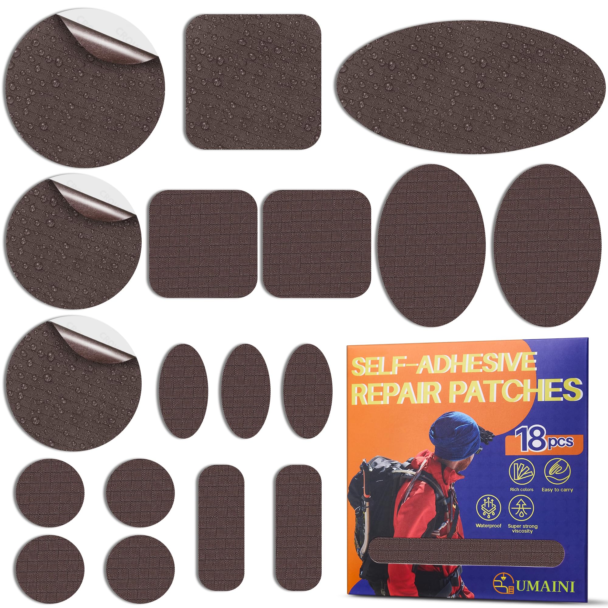 Daunenjacke Flicken Reparaturset Selbstklebend Braun, 18 Stück Nylon Flicken Selbstklebend Stoff, Wasserdicht Daunenjacke Reparatur Patches, Zelt Reparaturset, Nylon Reparaturflicken für Jacke