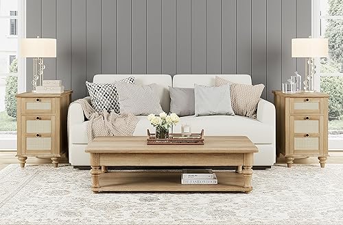 Miniatura 12 de WAMPAT Mesa auxiliar de granja con estación de carga, mesa auxiliar de madera con tomas de corriente y puertos USB, mesita de noche de ratán con