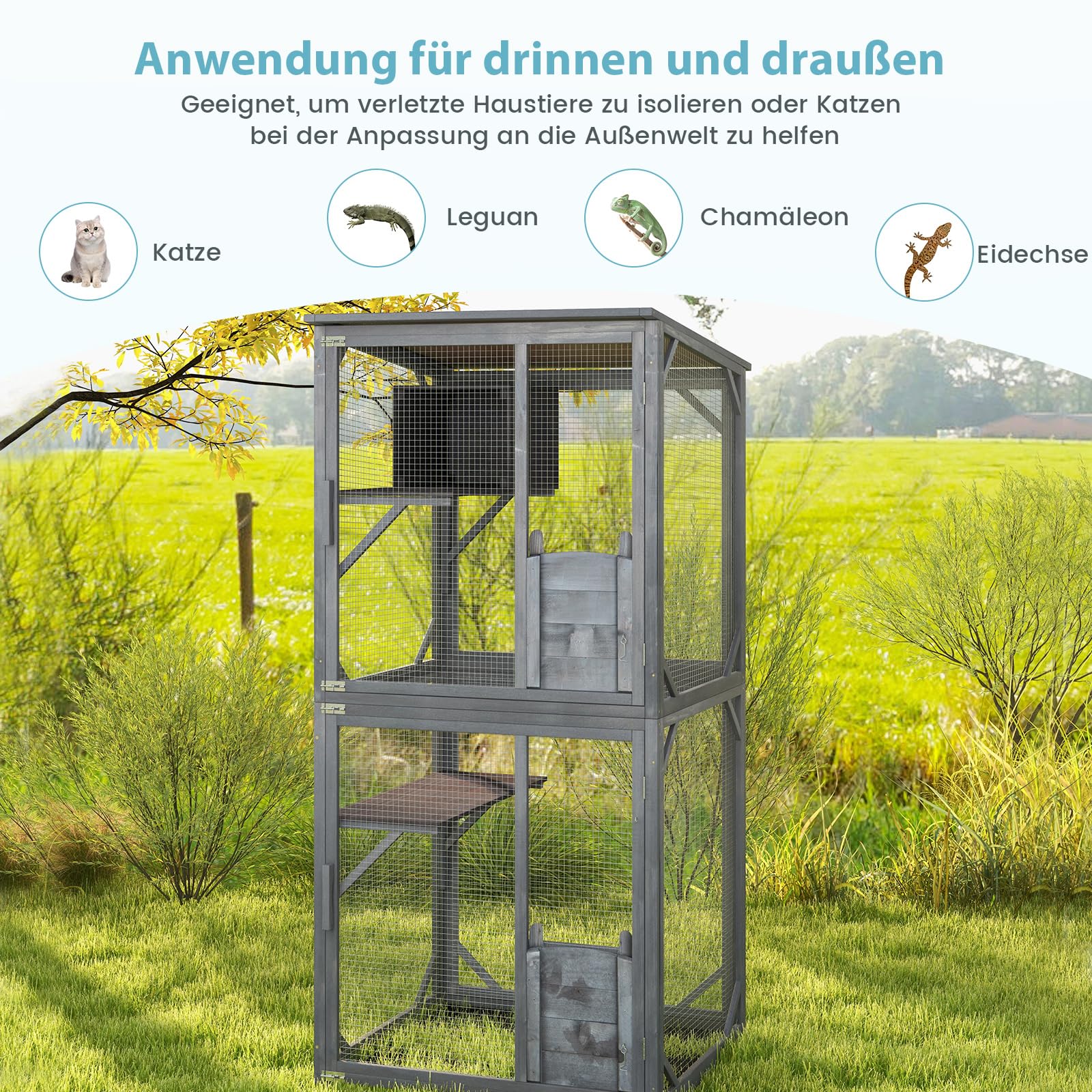 COSTWAY Katzenhaus Outdoor Winterfest, 182cm, Katzengehege Holz für den Außenbereich, großer Katzenkäfig auf Rädern, Gehege mit Asphaltdach, Eingangstür, 2 Plattformen & Ruhehöhle, Grau