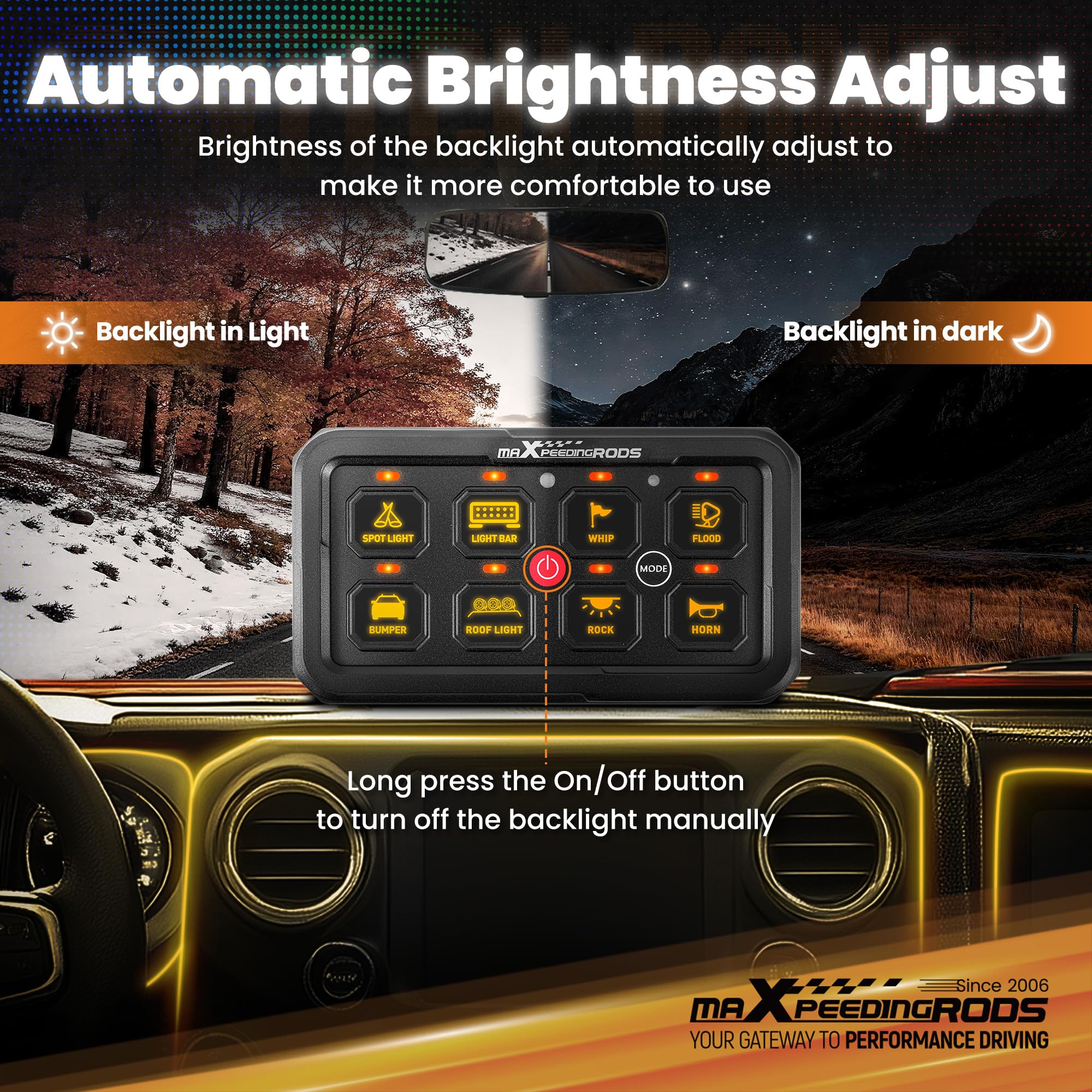 maXpeedingrods RGB 8 biegów 12/24 V LED panel przełącznika, funkcja pamięci, możliwość ściemniania, 8 kolorów, panel dotykowy z 140 naklejkami, 4 wielofunkcyjne, uniwersalne sterowanie przekaźnikiem