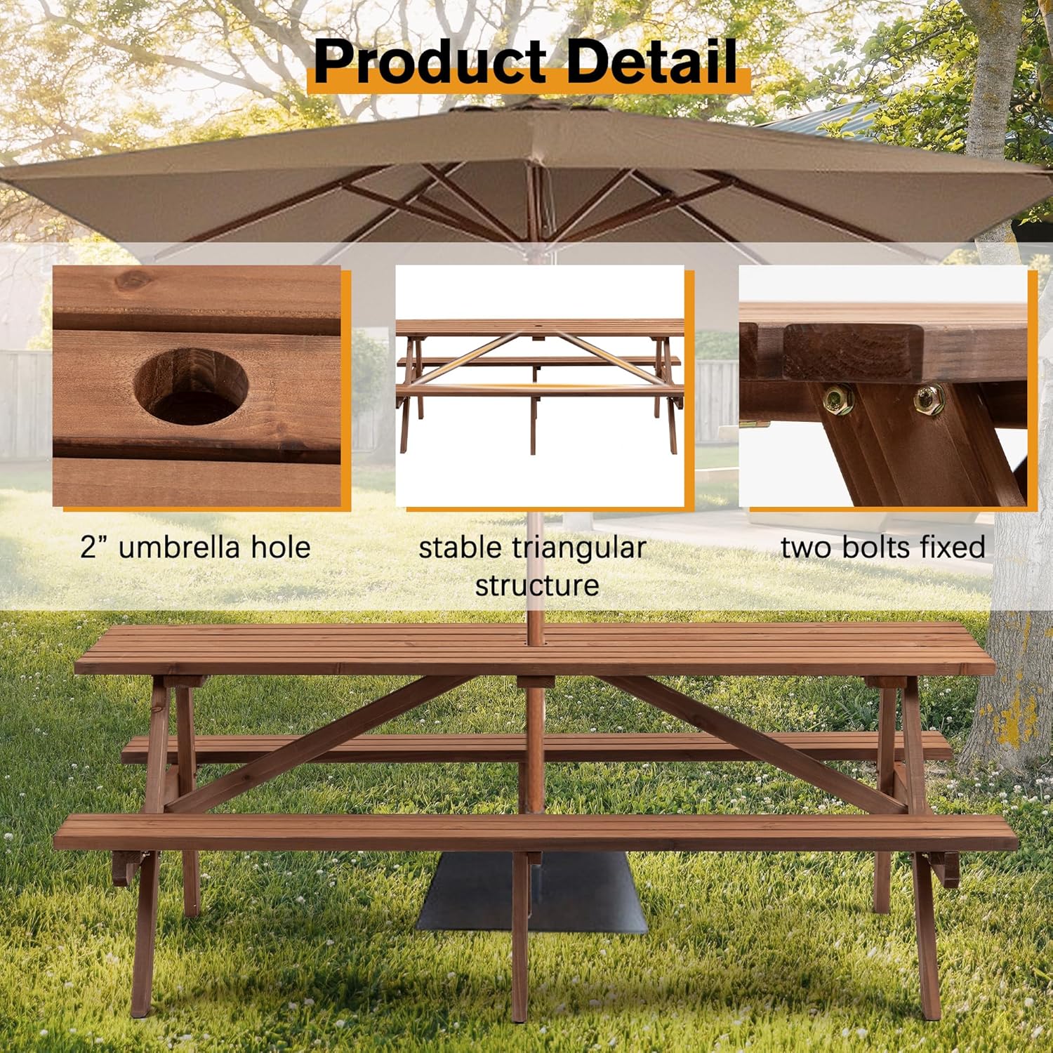 Elountik 75-Inch Brown Fir Wood Picnic Table with 2 Built-in Benches, 2220lb Capacity, Outdoor Garden Dining and Camping Table with Umbrella Hole, DIY Available