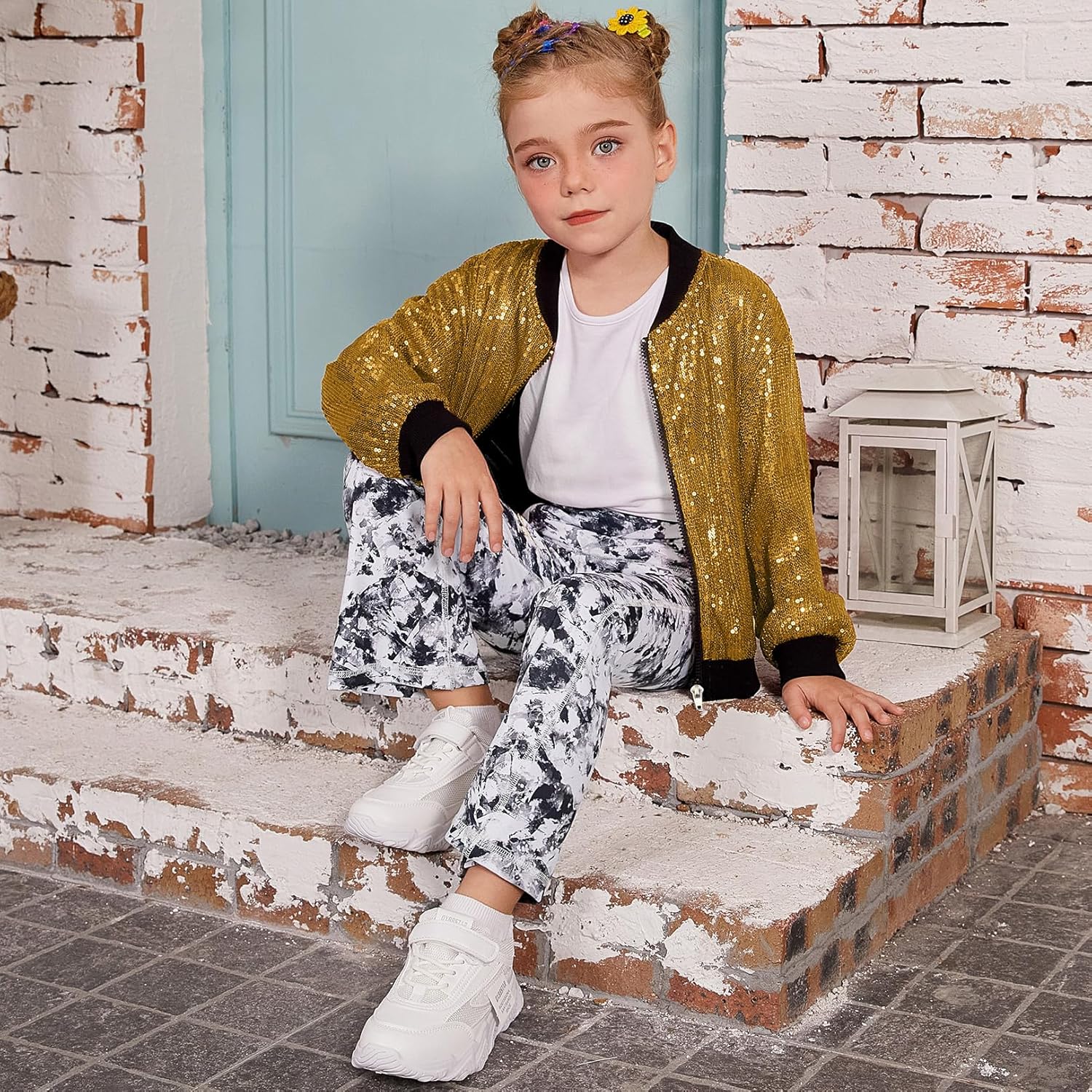 Mirawise Girls Sequin Jacket Kids Bomber Long Sleeve Zip Up Sparkle Clothes Dance Outfit with Pockets 6-13Y