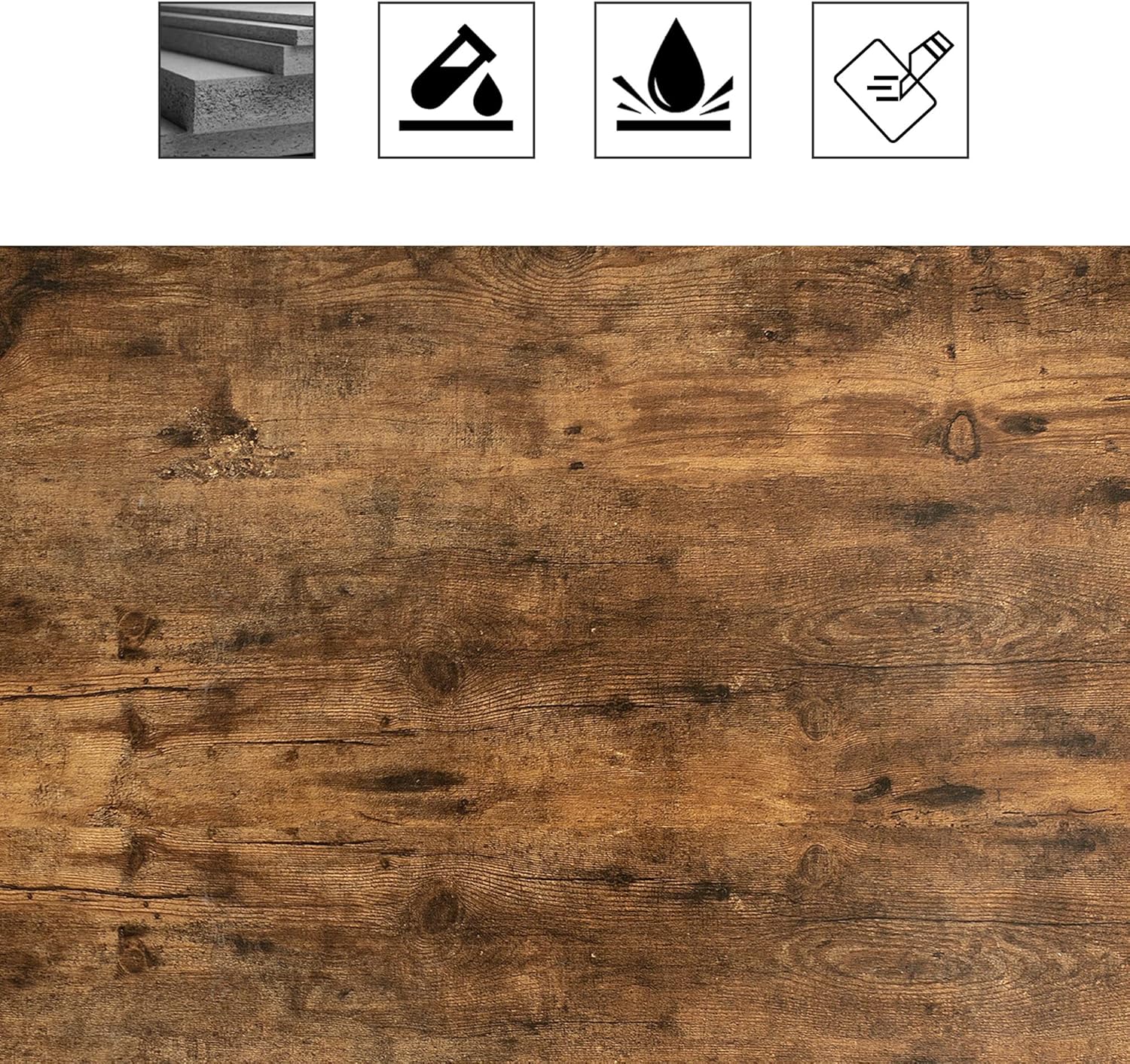Close-up of the wood grain texture and icons indicating water and scratch resistance.