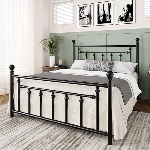 Miniatura 3 de Allewie Base de cama de plataforma metálica de tamaño matrimonial de 14 pulgadas con cabecera y estribo vintage victoriano base de colchón