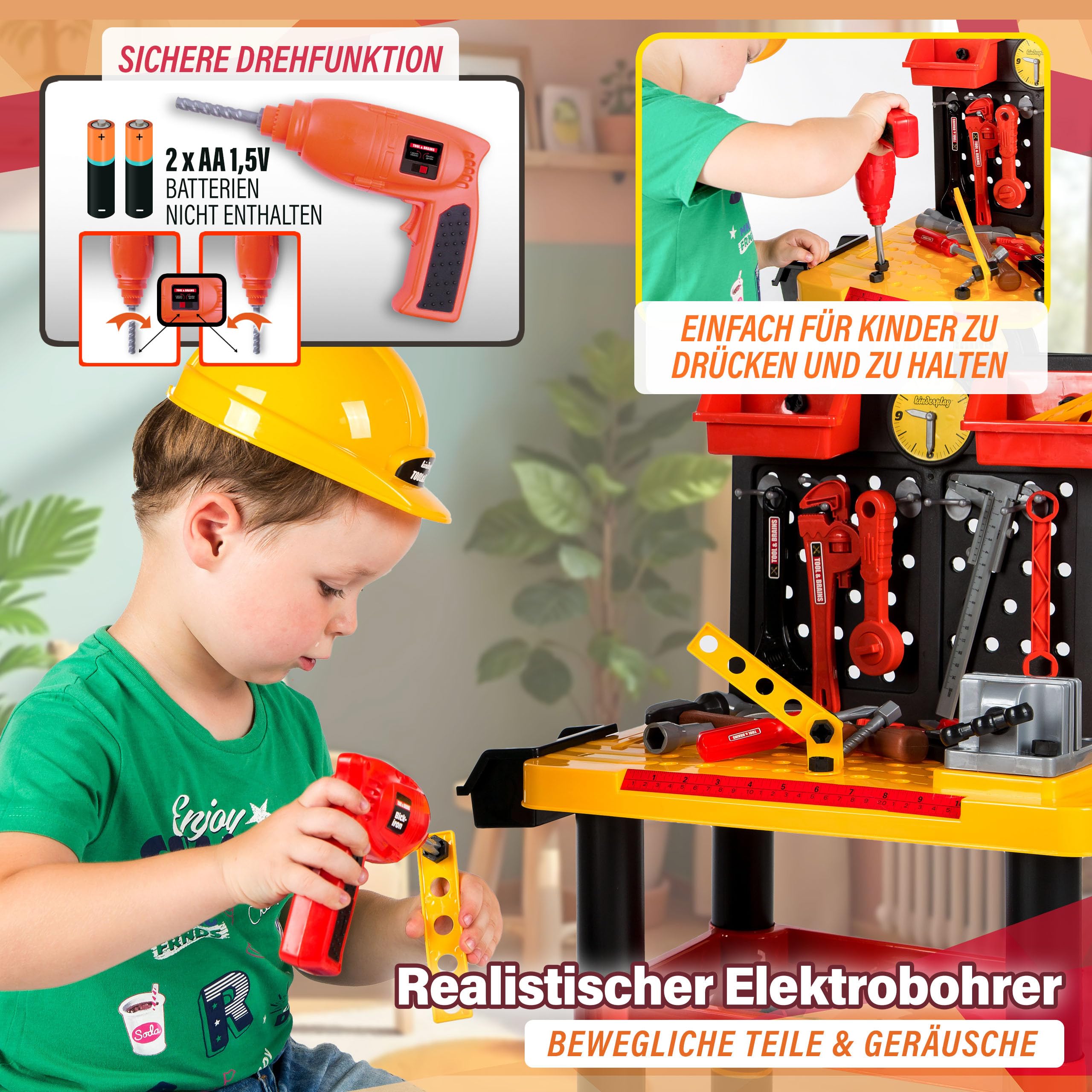 Kinderplay Warsztat dla Dziecka - warsztat dla dzieci, zestaw majsterkowicza z wiertarką i kaskiem, KP2646