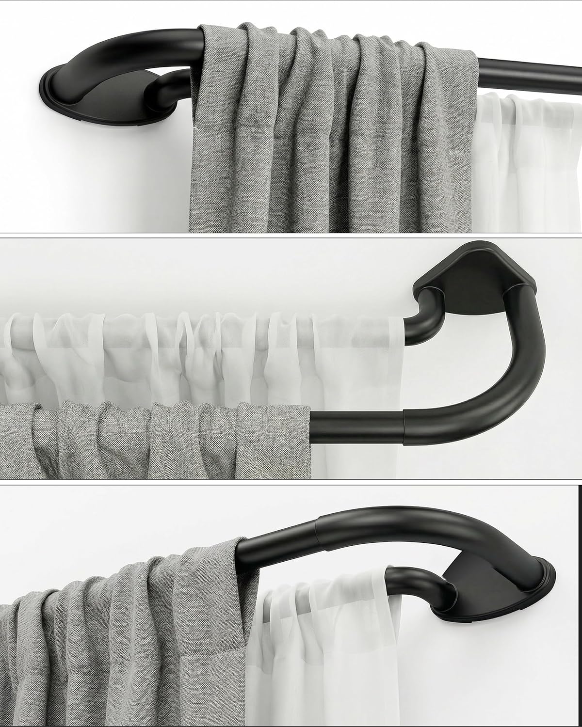 Wrap Around Curtain Rod 60 to 120 Inch, 3/4 Inch Adjustable Double Blackout Curtain Rod, Metal Thickened Hidden Base Curved Drapery Rod, Black