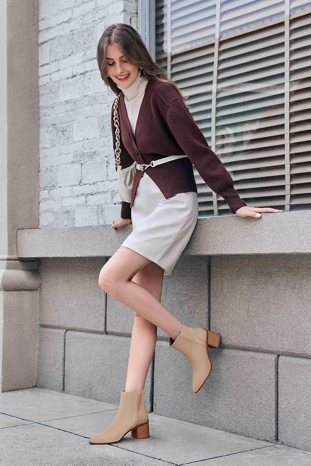 Coutgo Womens Pointed Toe Ankle Boots Elastic Chunky Block Stacked Mid Heel Slip On Chelsea Booties - Image 3