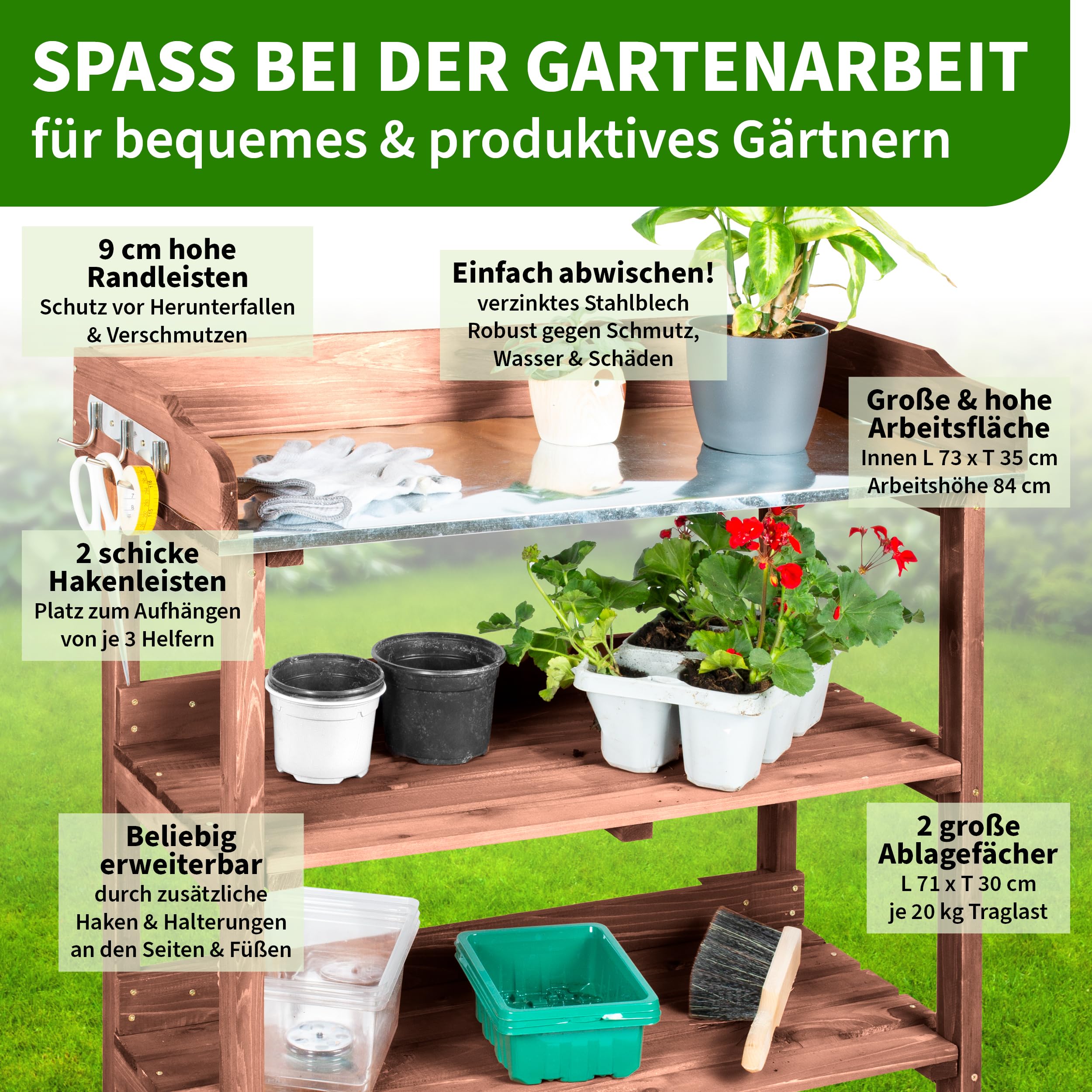 TTL Garden Planter Deluxe Table de jardinage 3 tiroirs plan de travail galvanisé extérieur résistante intempéries étagère 6 crochets bois sapin marron