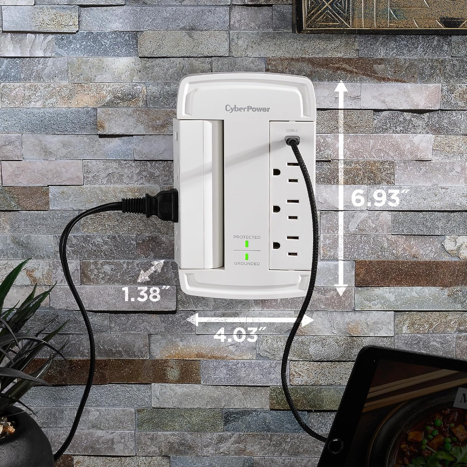 CyberPower CSP6WSUC Surge Protector, 6 Swivel Outlets, 2 USB Charging Ports, 2400J, Wall‑Tap, Fast USB Charging, Home/Office