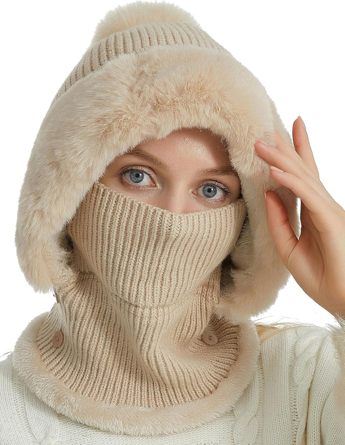 Aivtalk Women Winter One Piece Hooded Scarf Beanie Knit Hats Slouchy Warm Fleece Balaclava Scarf Mask Set
