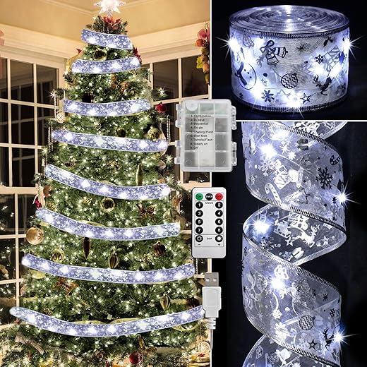 Vloso Christmas Tree Ribbon Lights for Christmas Tree Decorations-2.5Inch 66 Ft 200 Led Lighted Ribbon for Christmas Tree with Remote&Timer 8 Modes,Battery & USB Powered String Lights