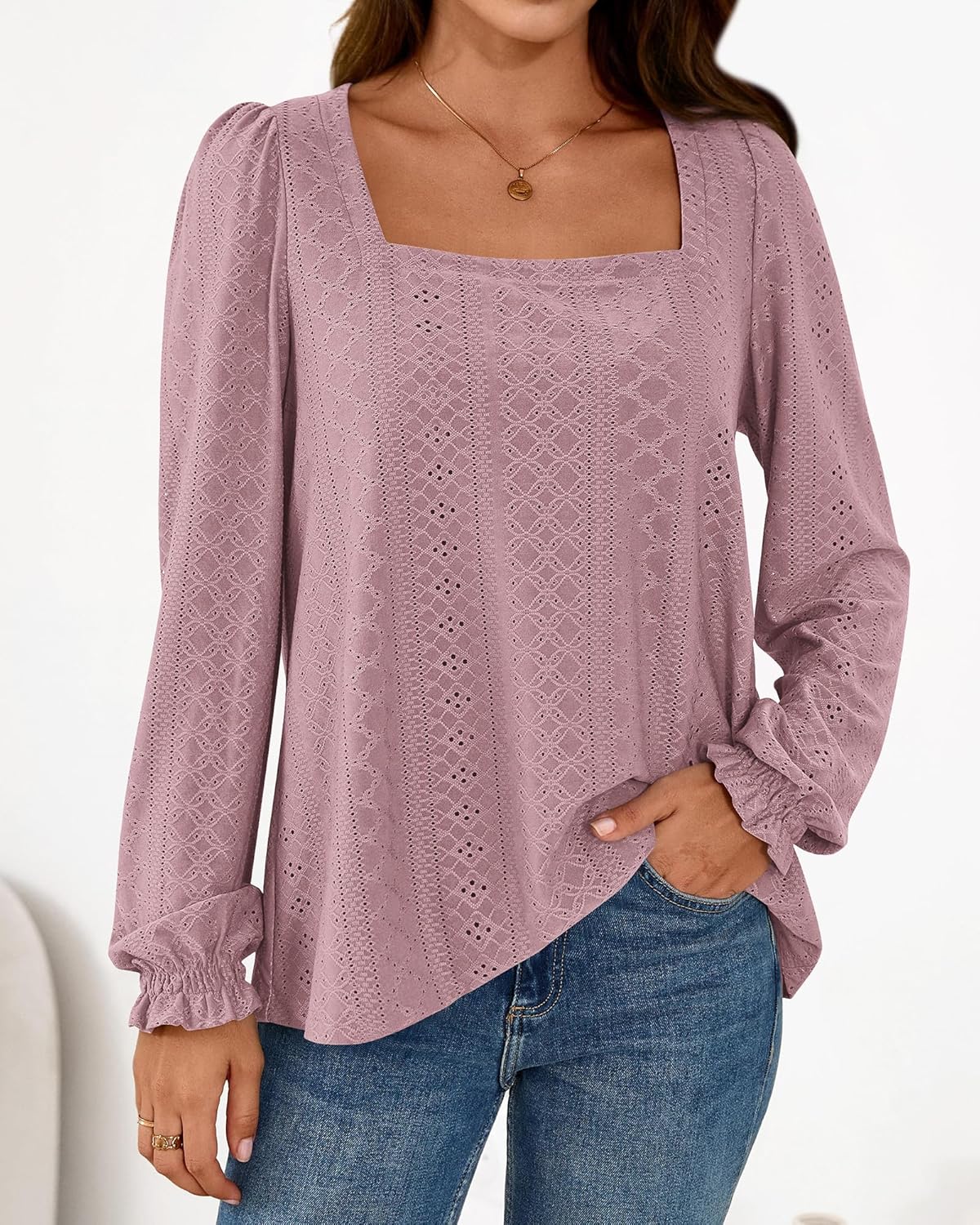 Okiwam Womens Long Sleeve Shirts Fall 2026 Square Neck Dressy Casual Blouses Eyelet Tunic Tops Fashion Outfits Clothes - Image 5