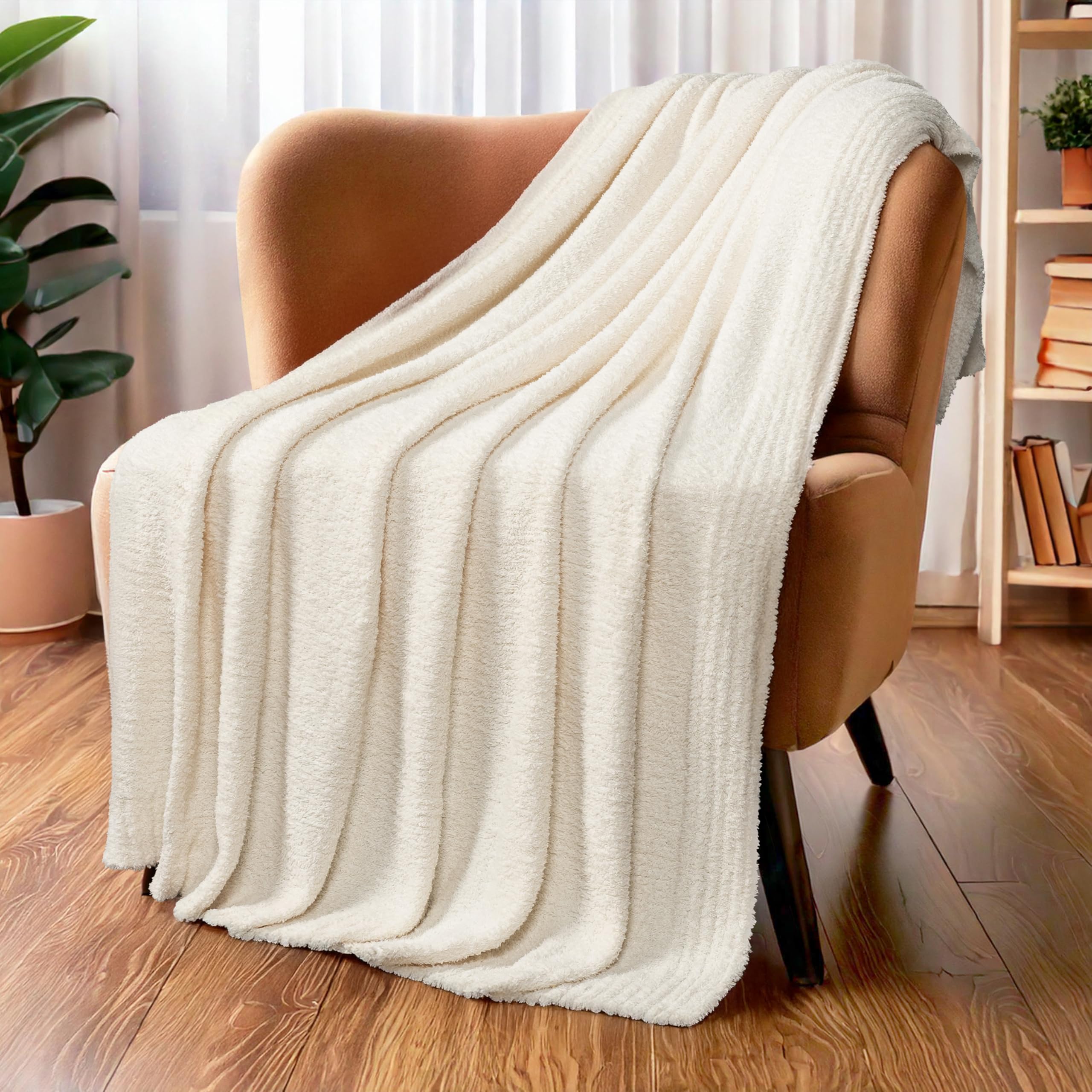 PAVILIA Super Soft Throw Blanket for Couch, Fluffy Cozy Lightweight Cream Blanket, Fuzzy Warm Knit Blanket for Bed Sofa, Beige, 50x60