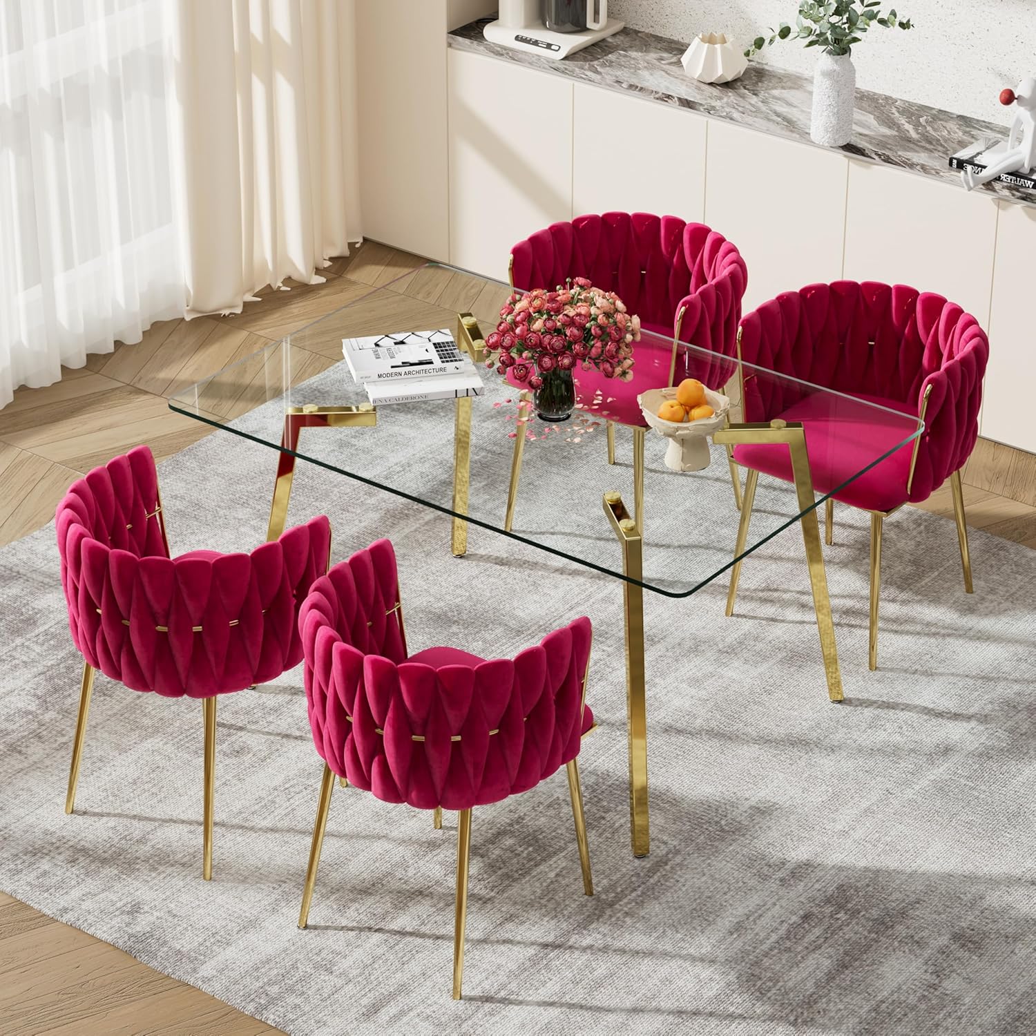 5 Pieces Modern Gold Dining Table Set, 51'' Small Luxury Rectangle Kitchen Table Set, 4 Person Clear Glass Top Minimalist Dinner Table Set, Rose Red Woven Chair, for Café Apartment Home