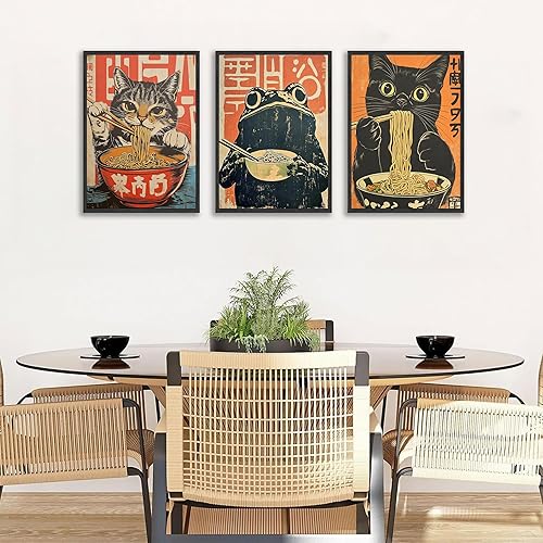 Miniatura 7 de 3 piezas de lienzo japonés negro comiendo ramen, arte de pared divertido de gatos y rana, pintura de pared vintage lindo Tokio cocina póster impreso
