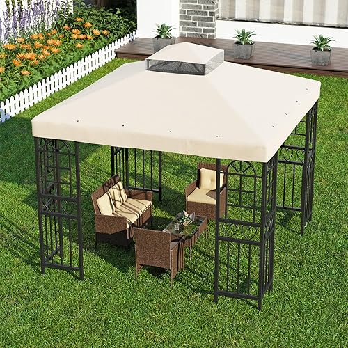 Miniatura 8 de Toldo de repuesto para glorieta de 10 x 10 pies, toldo de jardín de doble nivel para patio, cubierta superior de pabellón, cubierta de poliéster