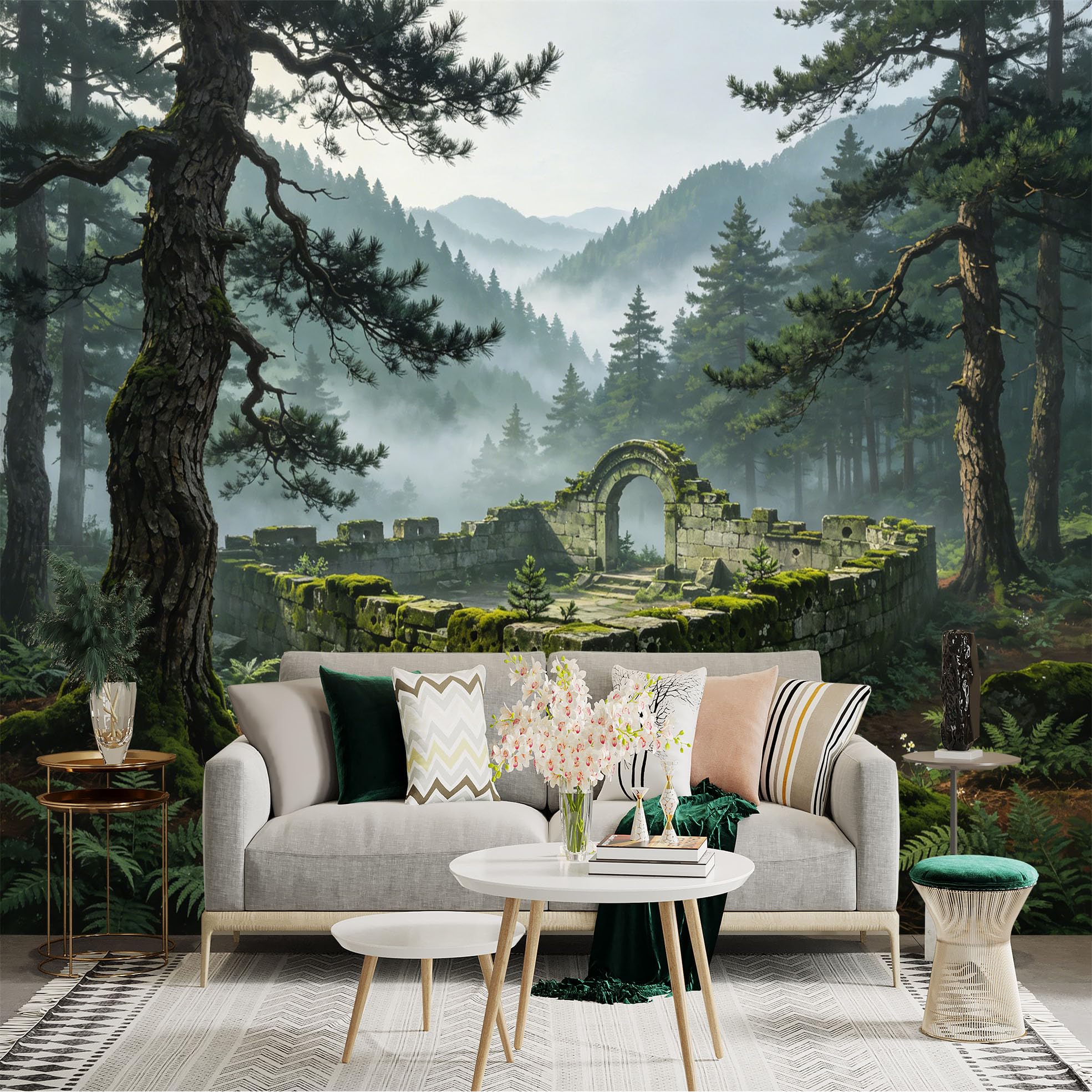 Custom Size Wall Sticker Mural， Ancient Stone Ruins in Misty Forest with Mountains and Pine Trees， for wall Decoration， peelandstick wall Decals.