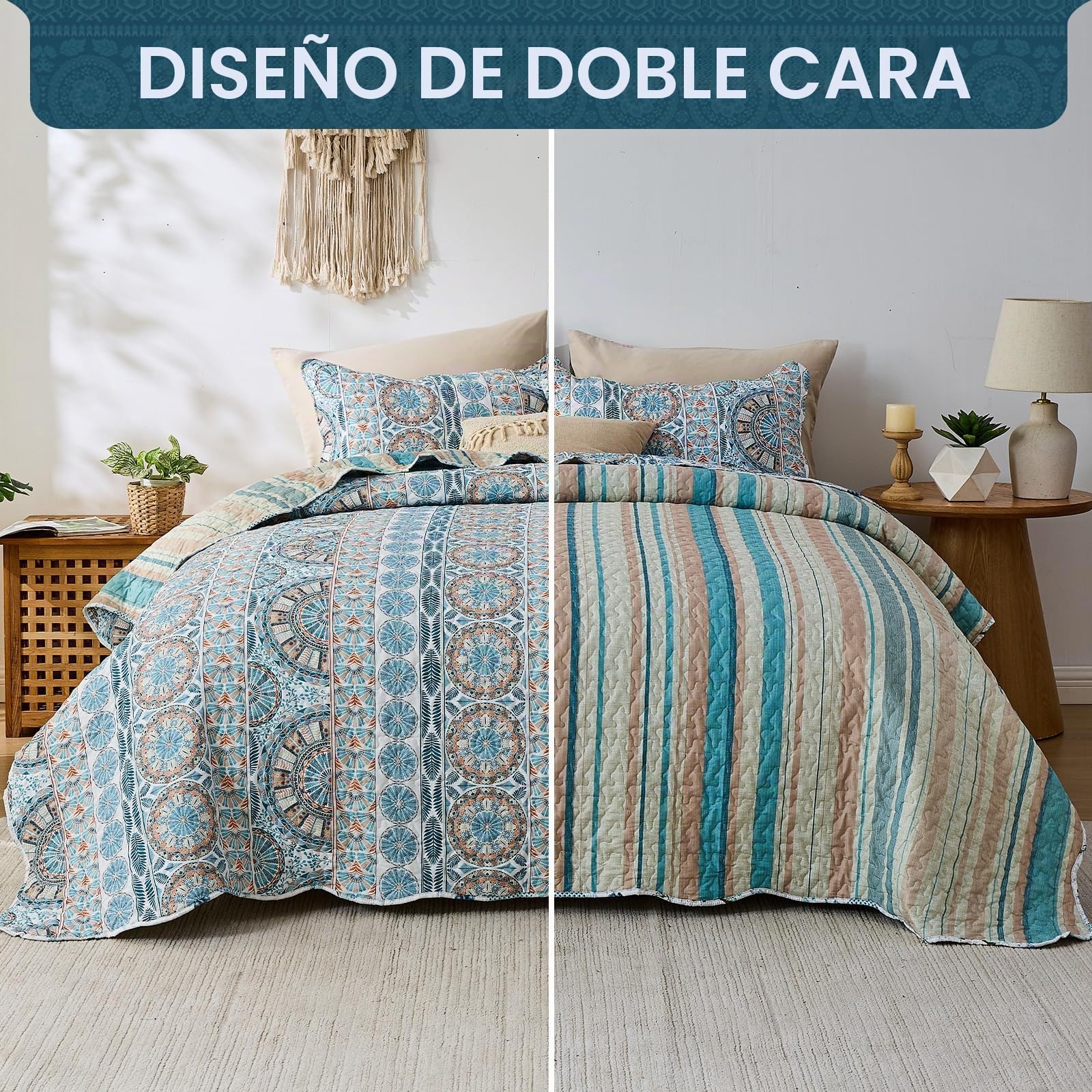 Qucover Colcha Cama 180 Bohémico, Cubrecama 250x270 cm Diseño Reversible con Motivos Geométricos Étnicos, Colcha Acolchado Azul para Decoración Interior con 2 Fundas de Almohada 50x75 cm