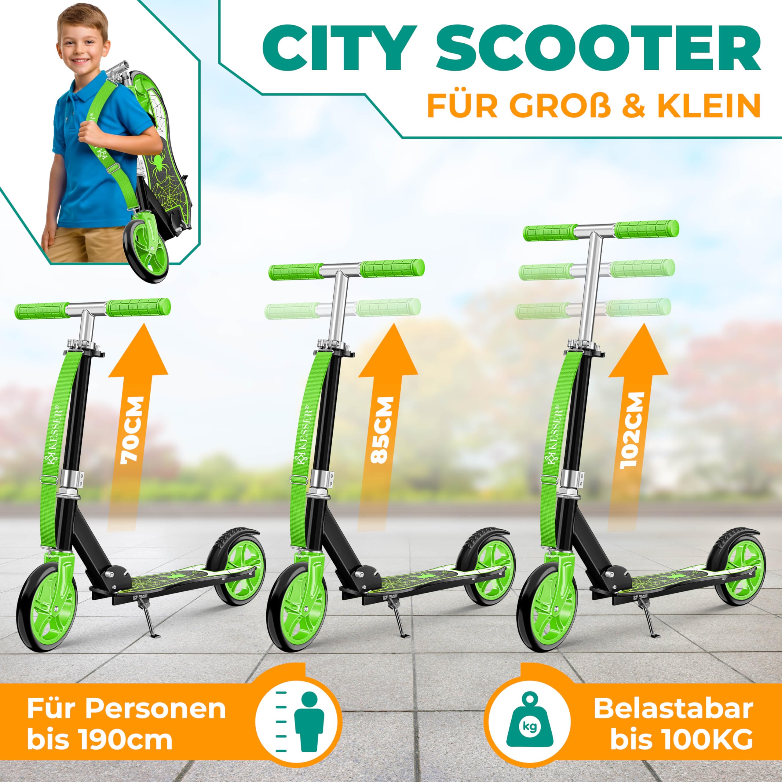 KESSER® City Scooter per Bambini, Monopattino Pieghevole Regolabile in Altezza, Scooter fino a 100 kg, Freno alla Ruota Posteriore, fino a 190 cm di Altezza, Cinghia di Trasporto inclusa