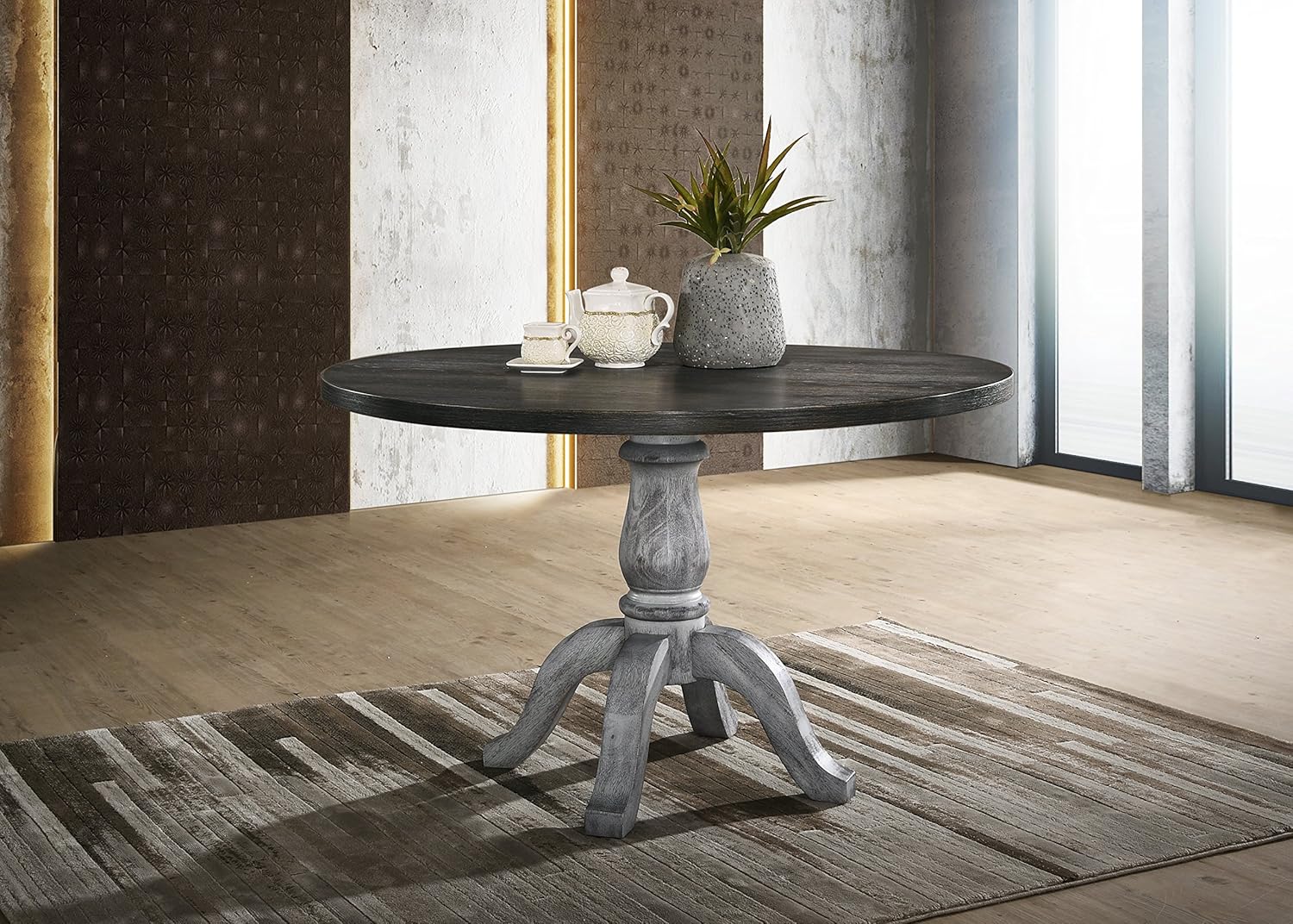 Transitional Round Pedestal Dining Table - 47 Inch Farmhouse Style with Solid Rubberwood Base & Distressed Finish, Easy Assembly Included, for Dinette, Small Space, Restaurant, Bistro
