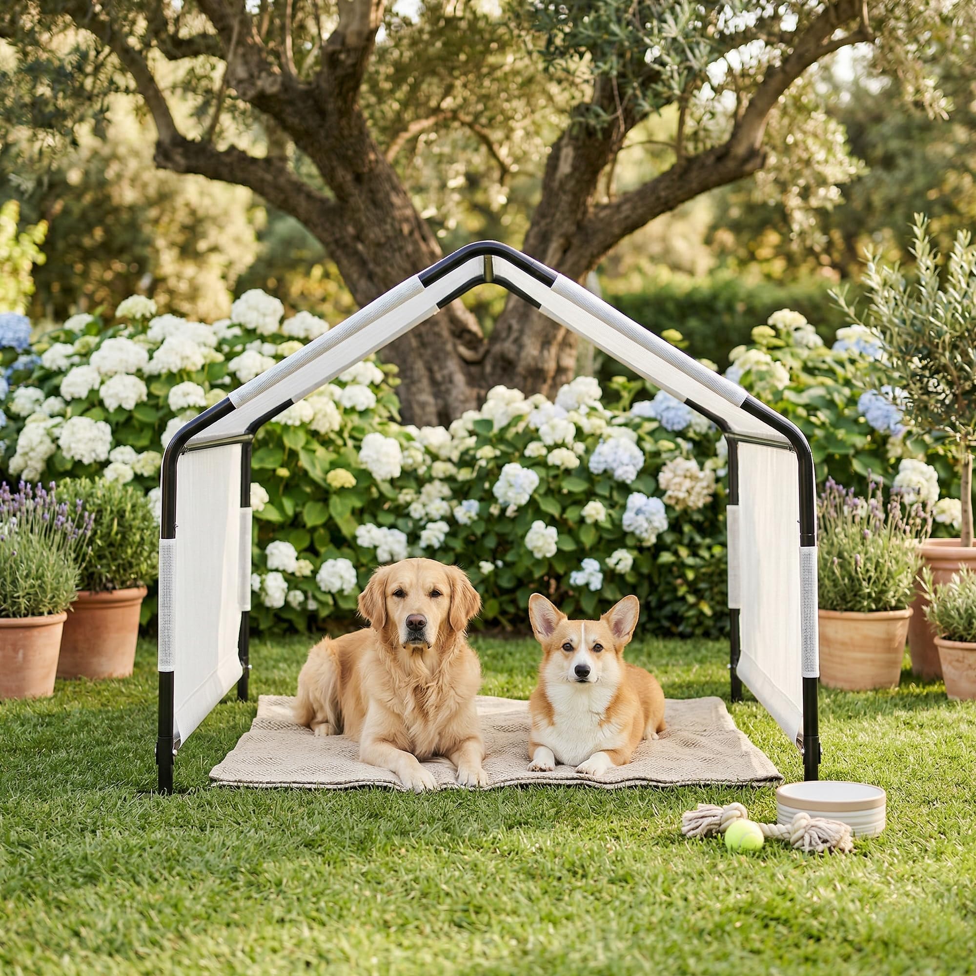 [en.casa] Tienda de Campaña para Perros Valevali para Jardín Caseta para Mascotas con Techo y Paredes Laterales Estructura de Acero Lona Impermeable 122 x 122 x 90 cm - Negro/Blanco