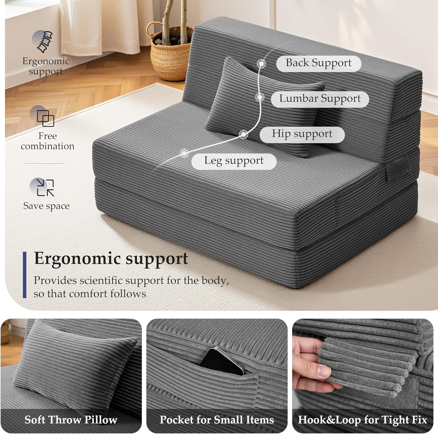 Youzi Folding Sofa Bed Convertible Sleeper Chair with Pillow, 4-in-1 Foldable Mattress Futon Couch Bed to Lounge Chair for Living Room, Bedroom, Dorm & Guest, Washable Cover, Dark Gray, Single