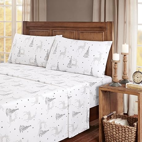 Kathy Ireland 100% Turkish Cotton Flannel Sheet Set, Christmas Deer - Queen