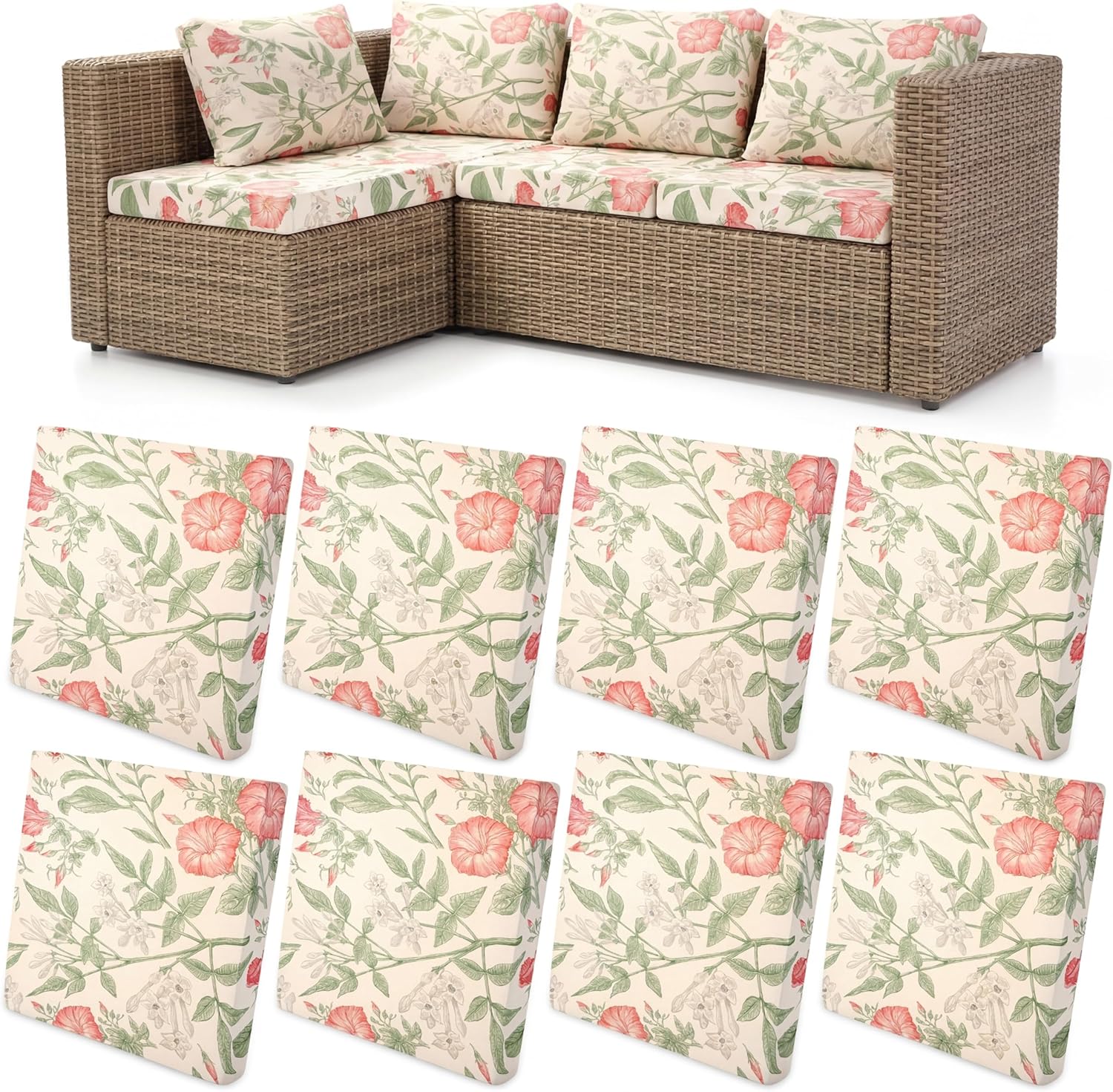 8 Pcs Flower Printed Couch Cushion Cover for Outdoor Stretch Floral Sofa Cushion Replacement Washable Bohemian Seat Covers with Elastic for Furniture Chair Bottom