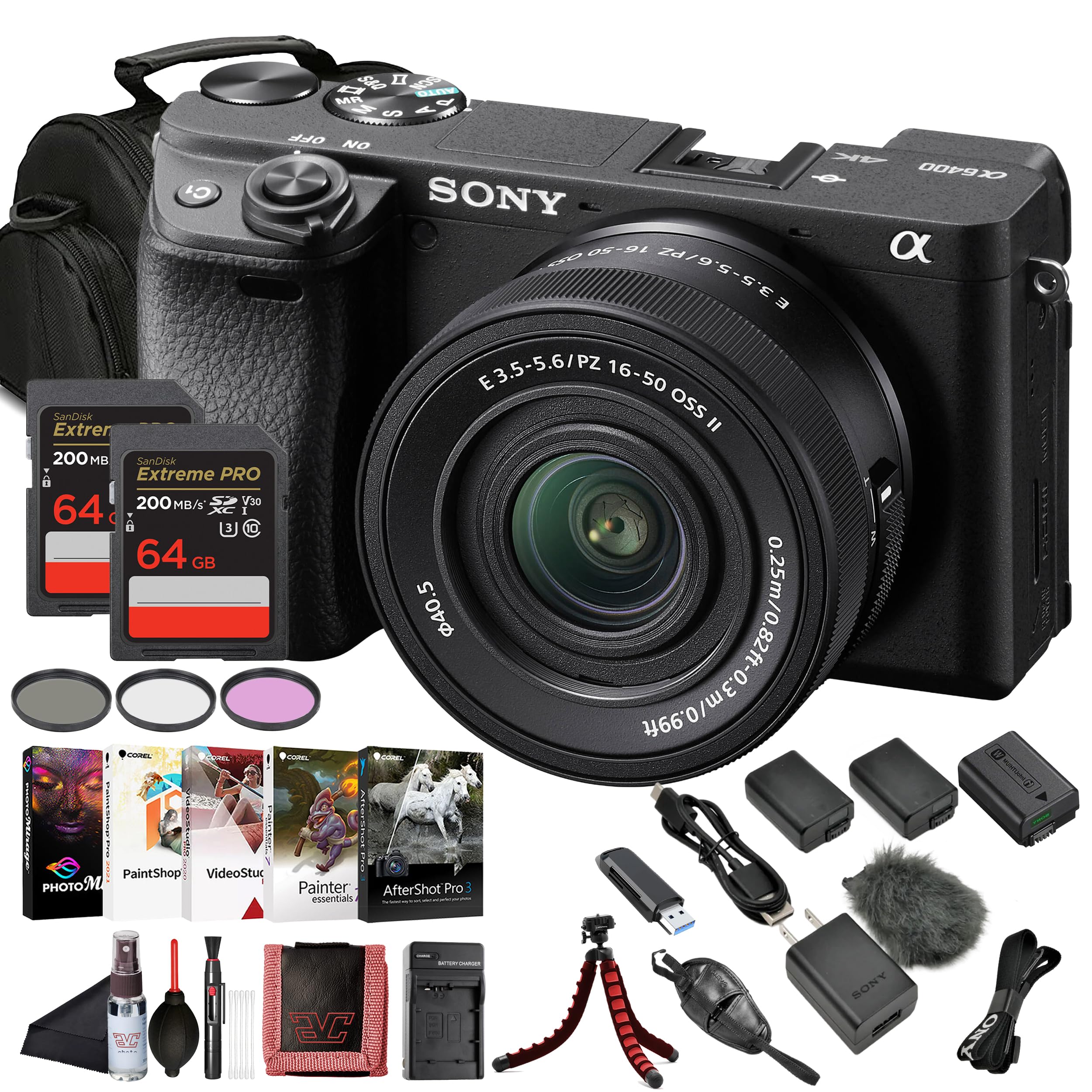 Sony Alpha a6400 Mirrorless Digital Camera with 16–50mm Power Zoom Lens (ILCE-6400L/B) – 24.2 MP APS-C, 4K Video, Real-Time Eye AF w/ 2 x 64GB Memory