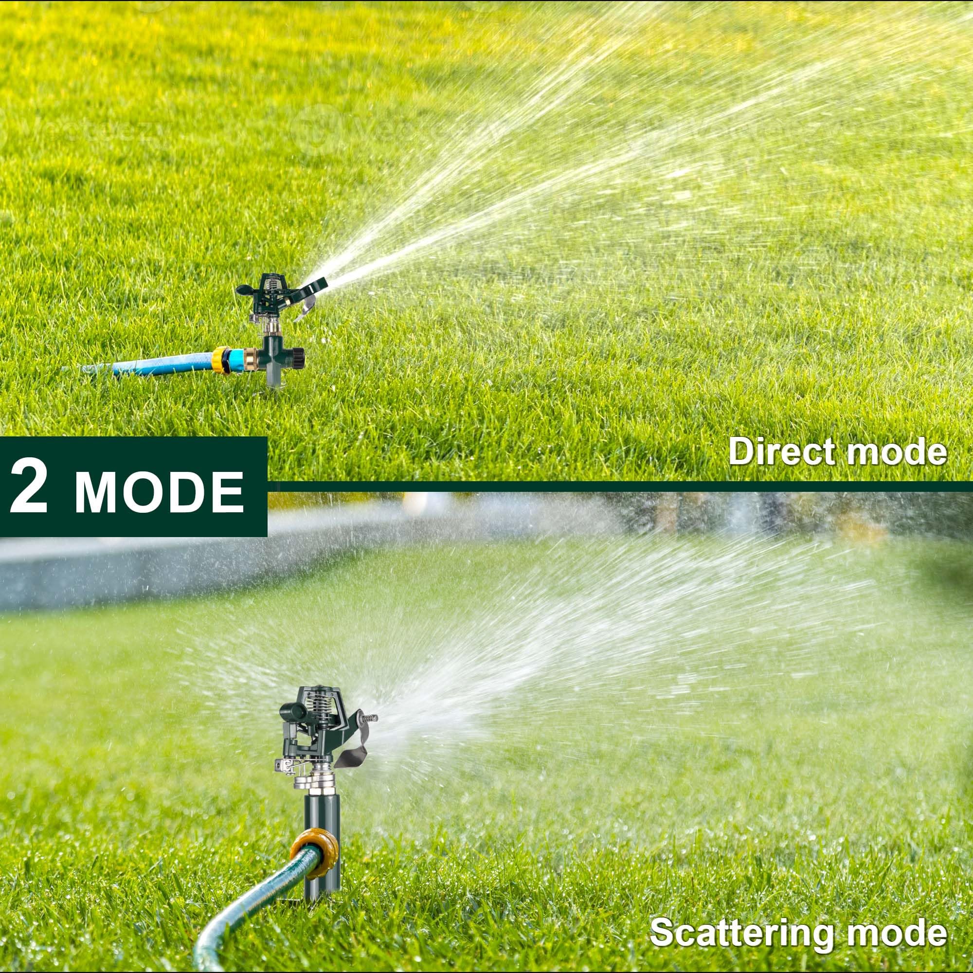 Paquete de 2 aspersores de jardín con pinchos, aspersor de impacto en base de estaca de metal, aspersor de agua de aleación de zinc ajustable para riego de 360 grados de gran área de patio, jardín,
