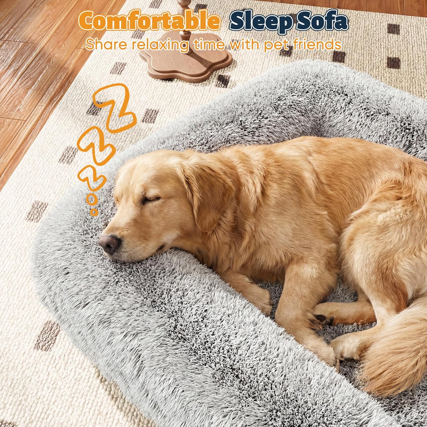 JUMMICO Human Dog Bed, Adjustable Large Dog Bed with Pressure Relieving Memory Foam, Faux Fur Washable Human Size Dog Bed with 2 Soft Cushions for Bedroom, Living Room (Gray)