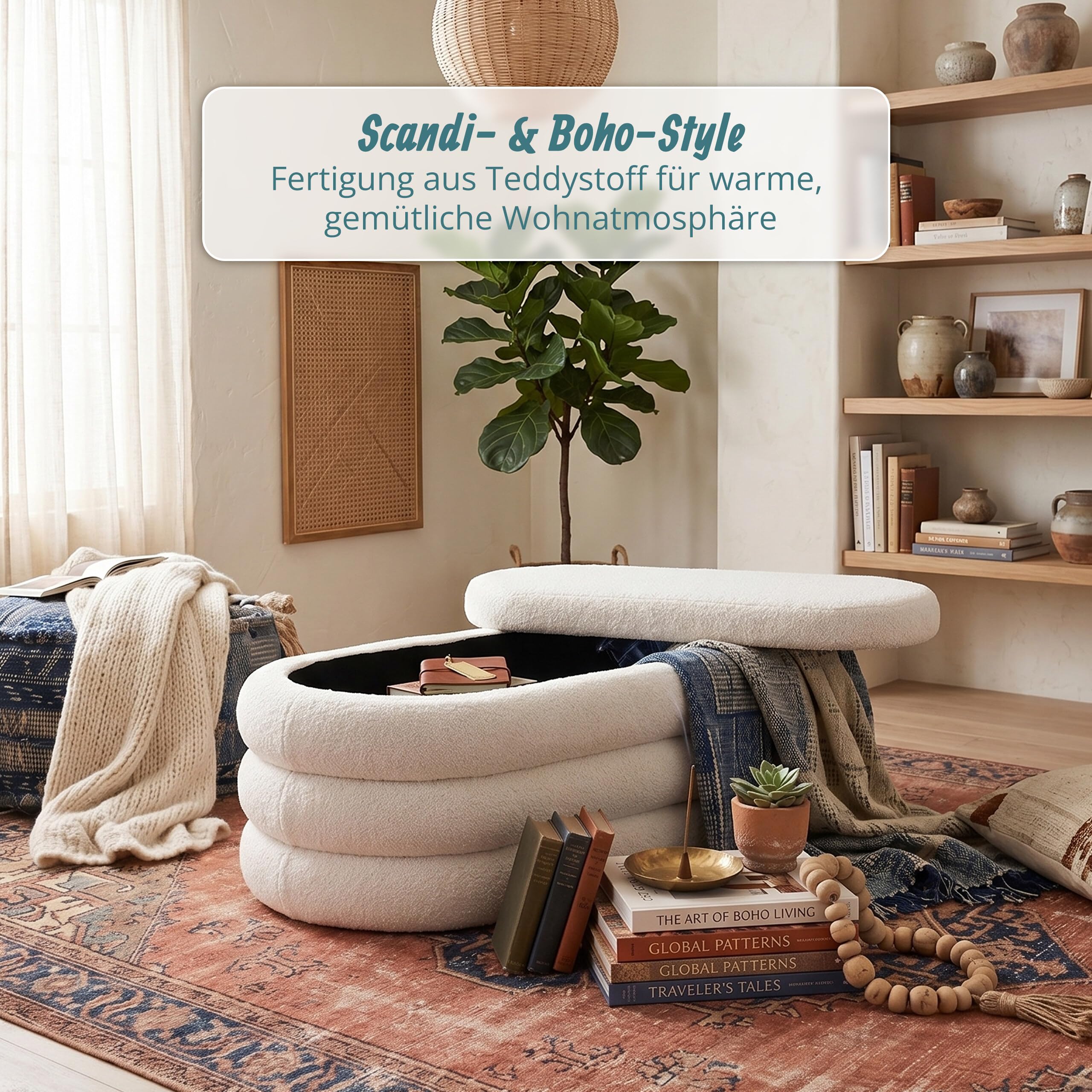 Relaxdays Sitzbank, Teddystoff, Stauraum, gepolstert, Flur, Schlafzimmer, HBT: 42 x 110 x 45 cm, Bouclé Sitztruhe, Creme